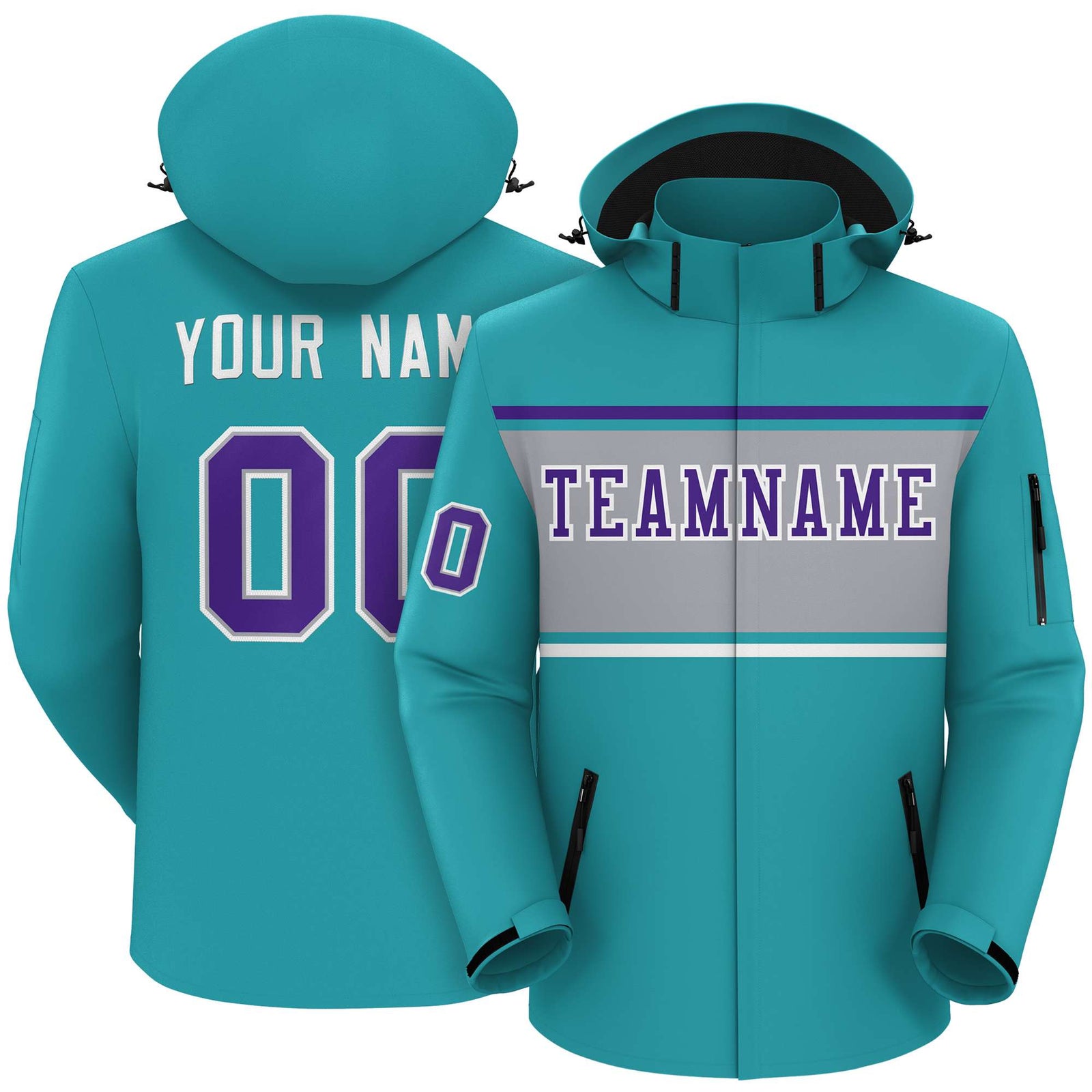 Custom Aqua Purple-Gray Color Block Personalized Outdoor Hooded Waterproof Jacket