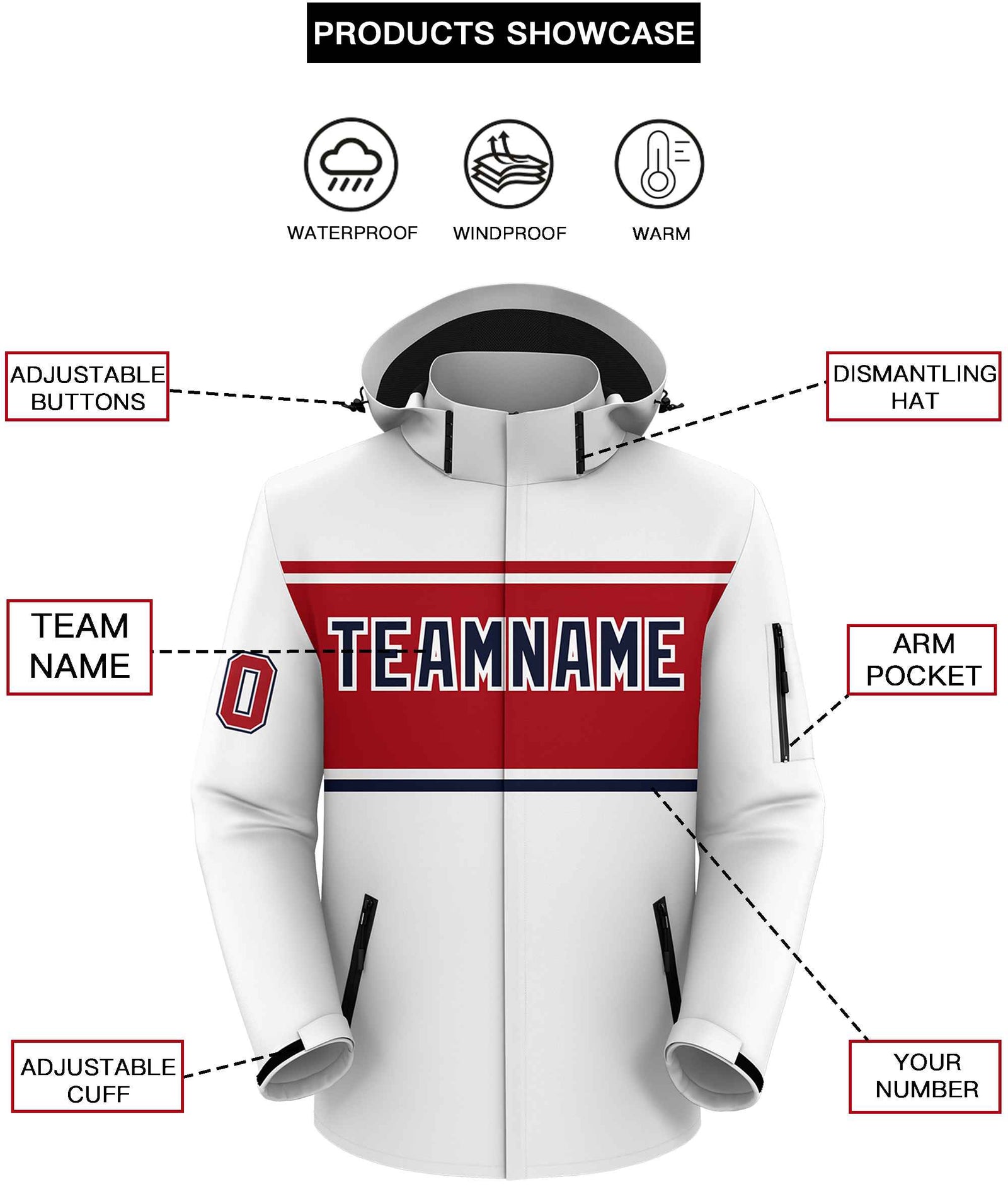 Custom White Red-Navy Color Block Personalized Outdoor Hooded Waterproof Jacket