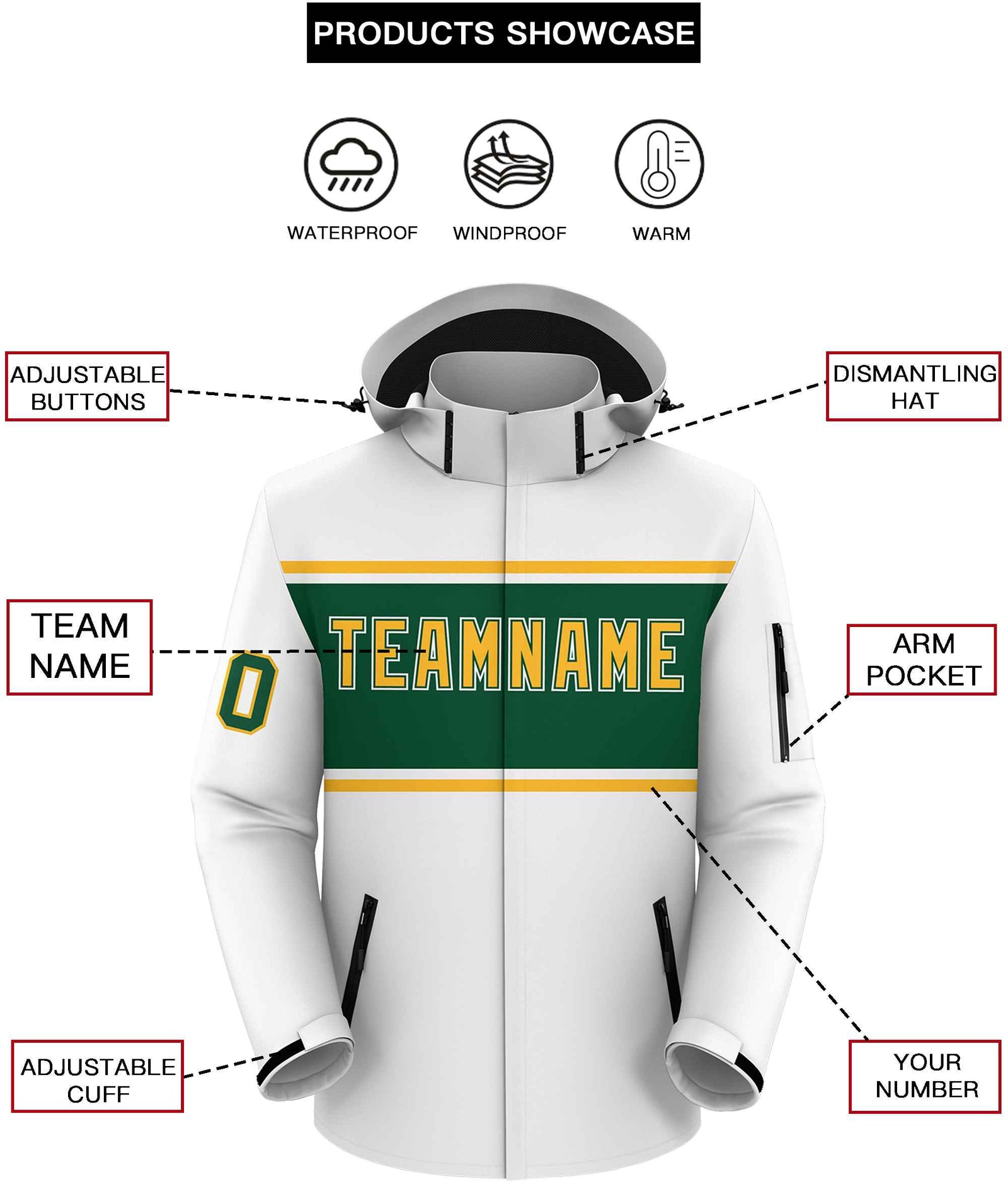 Custom White Gold-Green Color Block Personalized Outdoor Hooded Waterproof Jacket