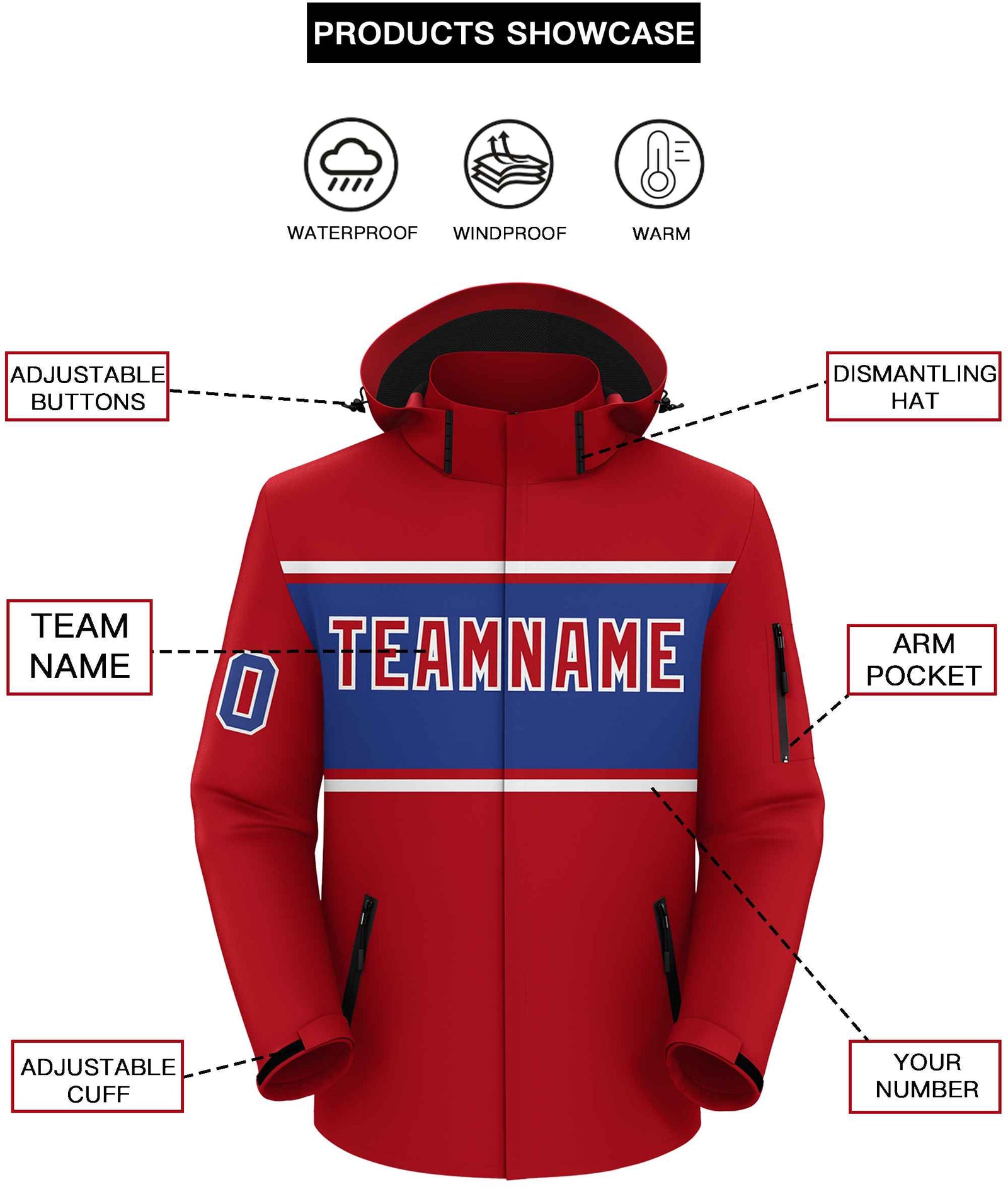 Custom Red White-Royal Color Block Personalized Outdoor Hooded Waterproof Jacket