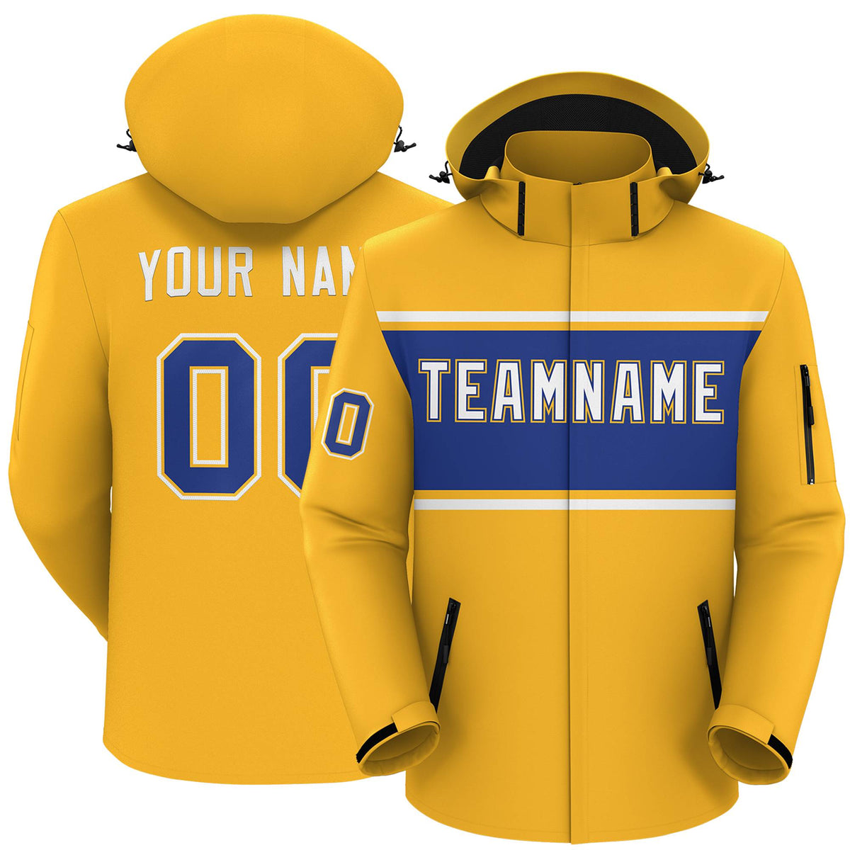 Custom Gold White-Royal Color Block Personalized Outdoor Hooded Waterproof Jacket