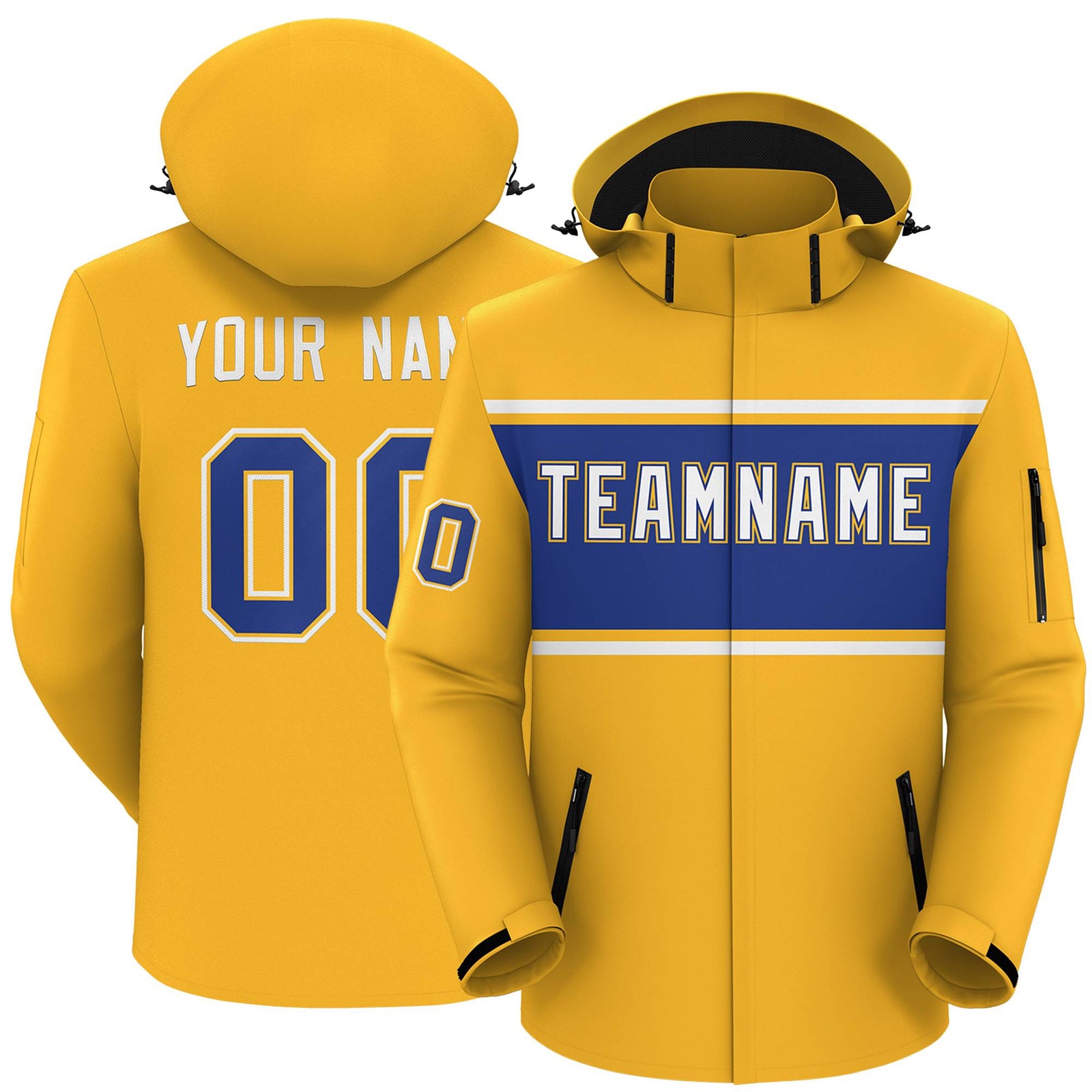 Custom Gold White-Royal Color Block Personalized Outdoor Hooded Waterproof Jacket