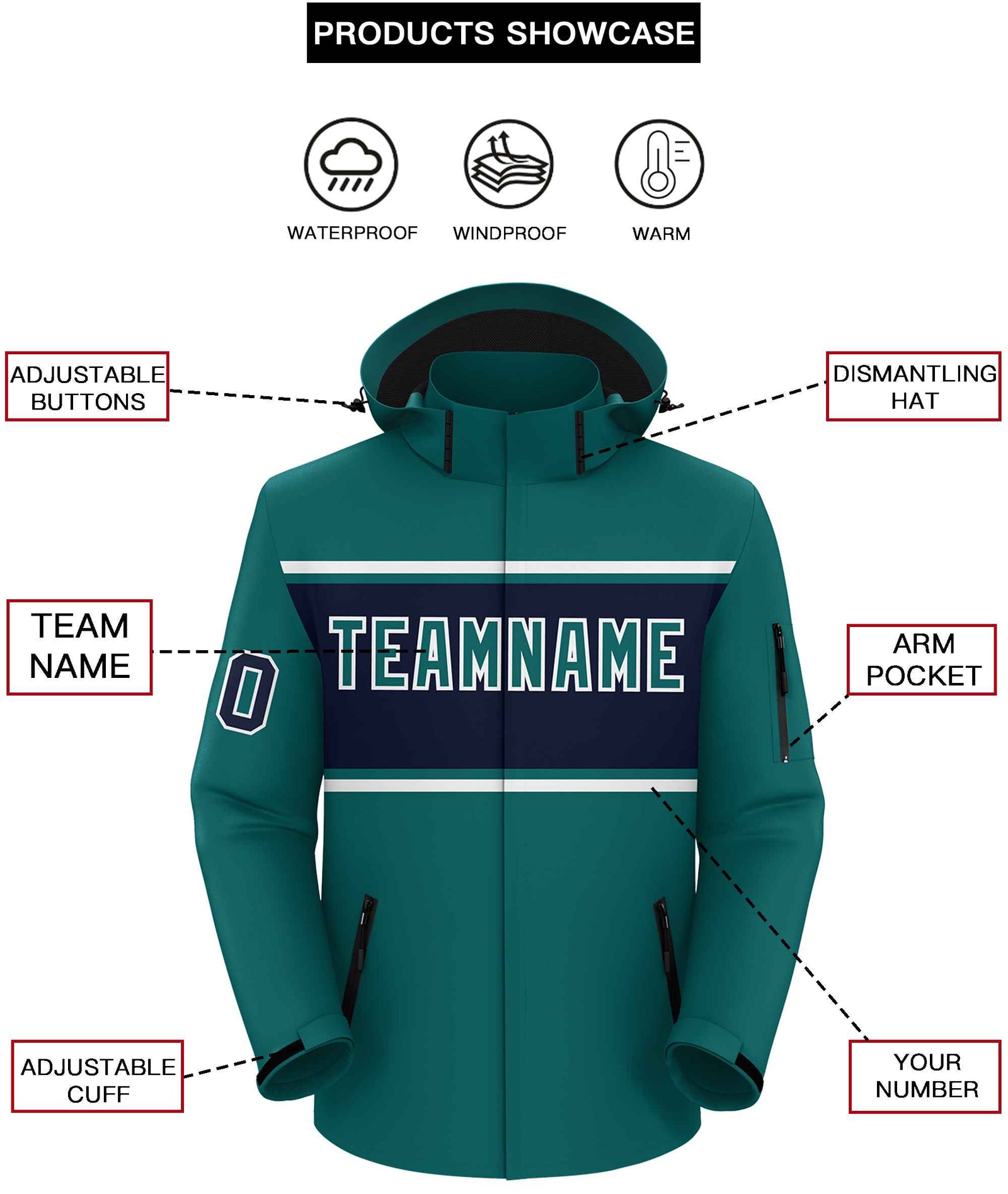 Custom Aqua White-Navy Color Block Personalized Outdoor Hooded Waterproof Jacket