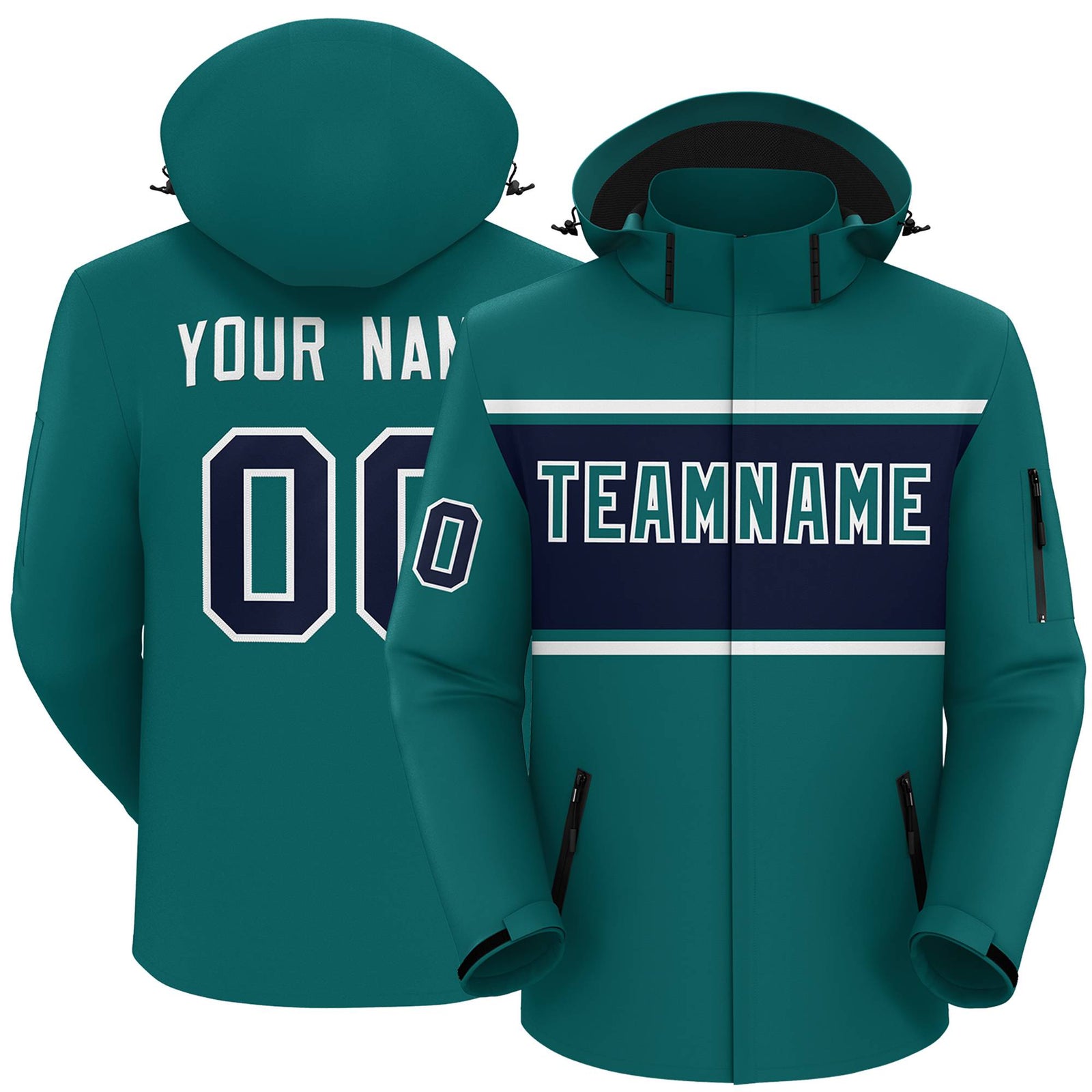 Custom Aqua White-Navy Color Block Personalized Outdoor Hooded Waterproof Jacket