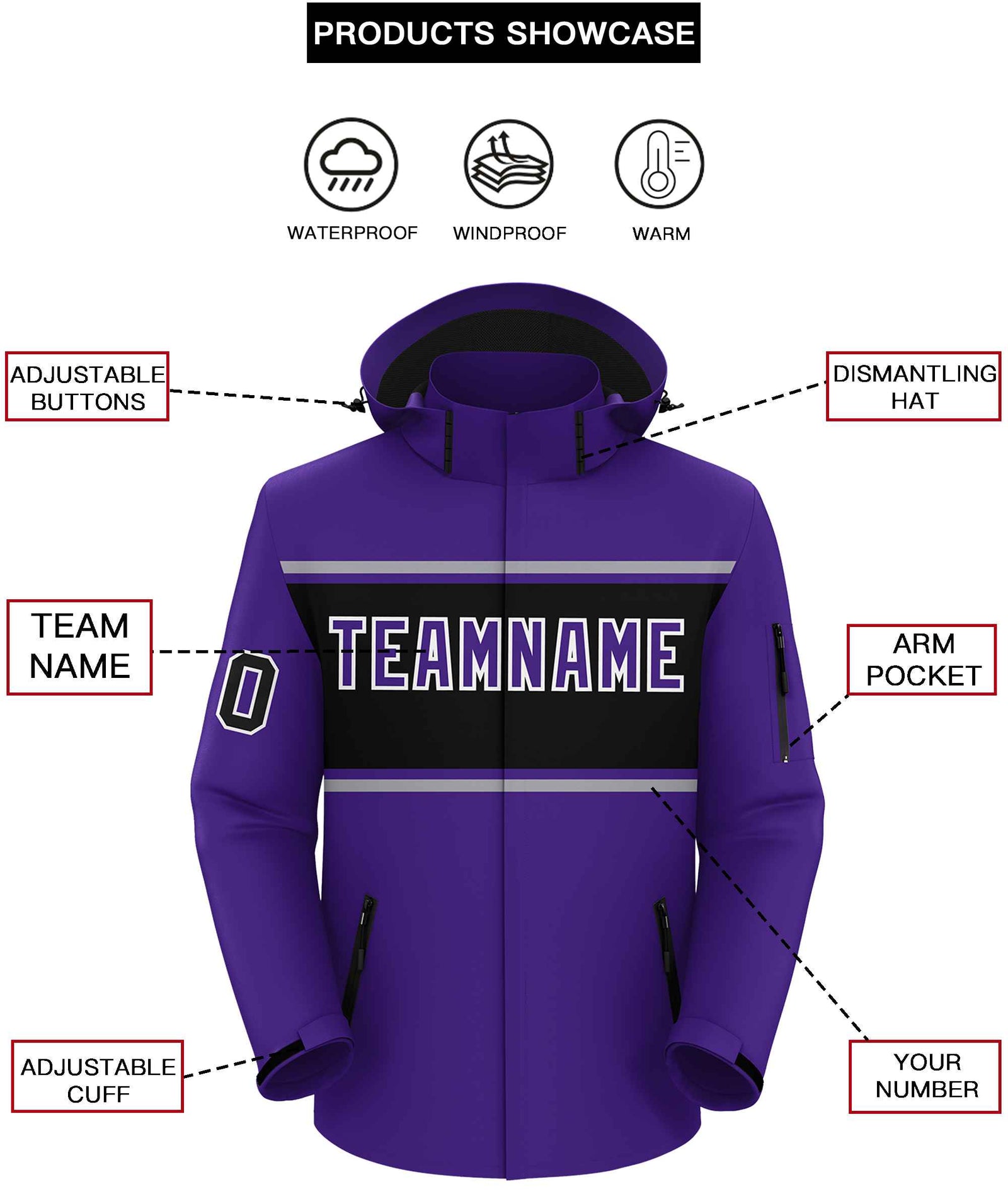Custom Purple Gray-Black Color Block Personalized Outdoor Hooded Waterproof Jacket