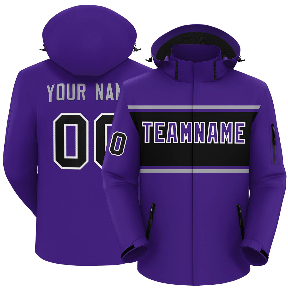 Custom Purple Gray-Black Color Block Personalized Outdoor Hooded Waterproof Jacket