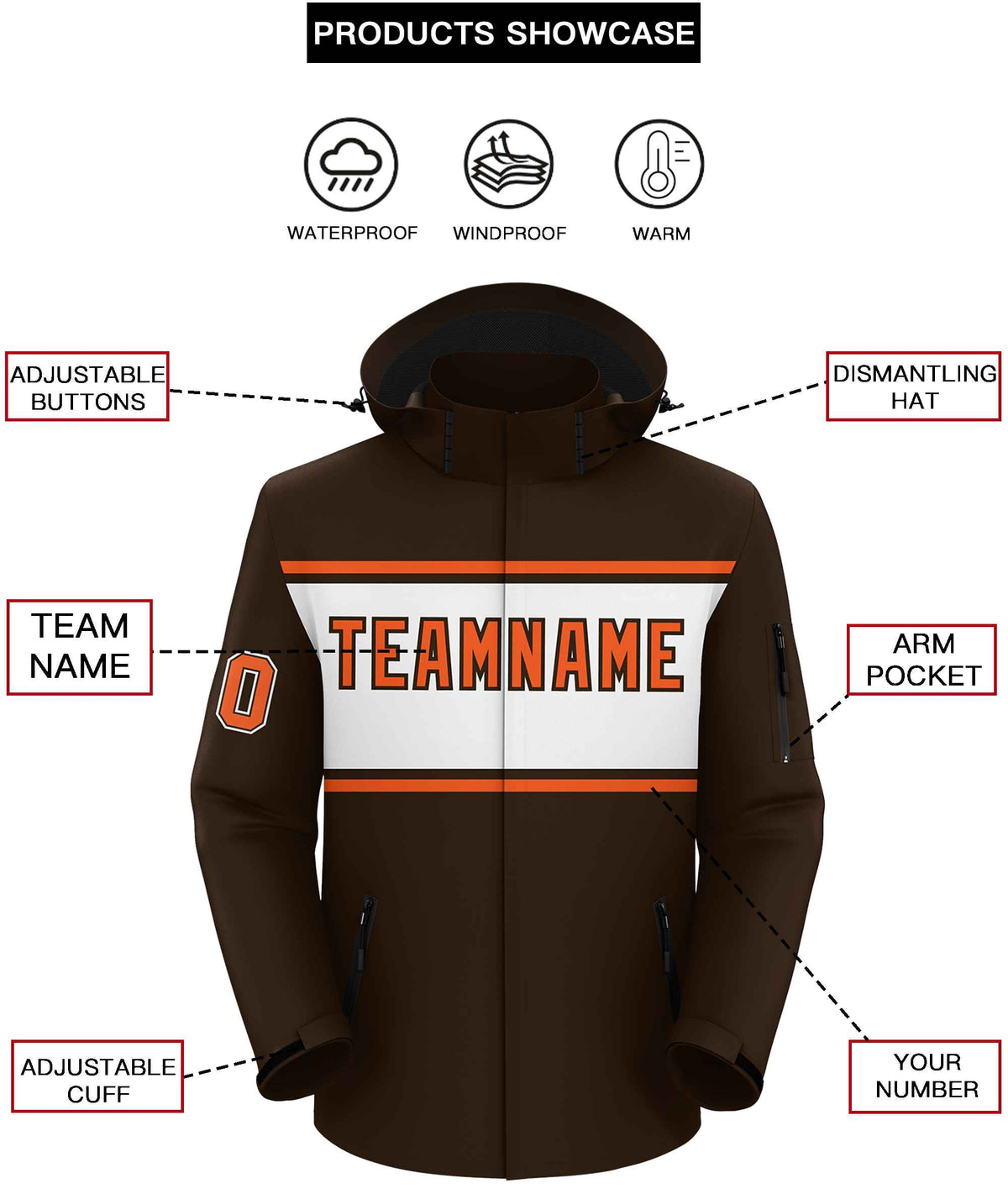 Custom Brown Orange-White Color Block Personalized Outdoor Hooded Waterproof Jacket