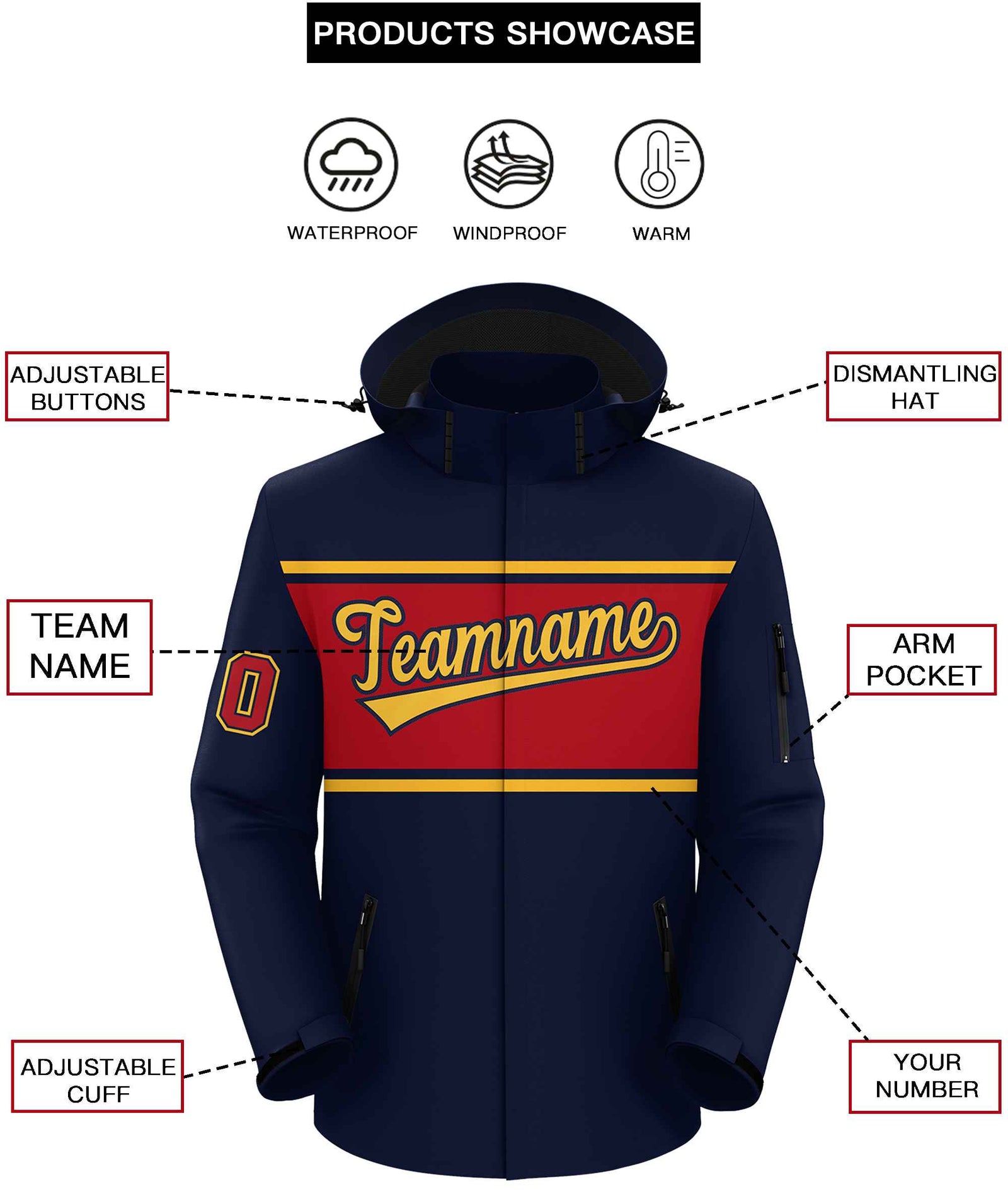Custom Navy Gold-Red Color Block Personalized Outdoor Hooded Waterproof Jacket