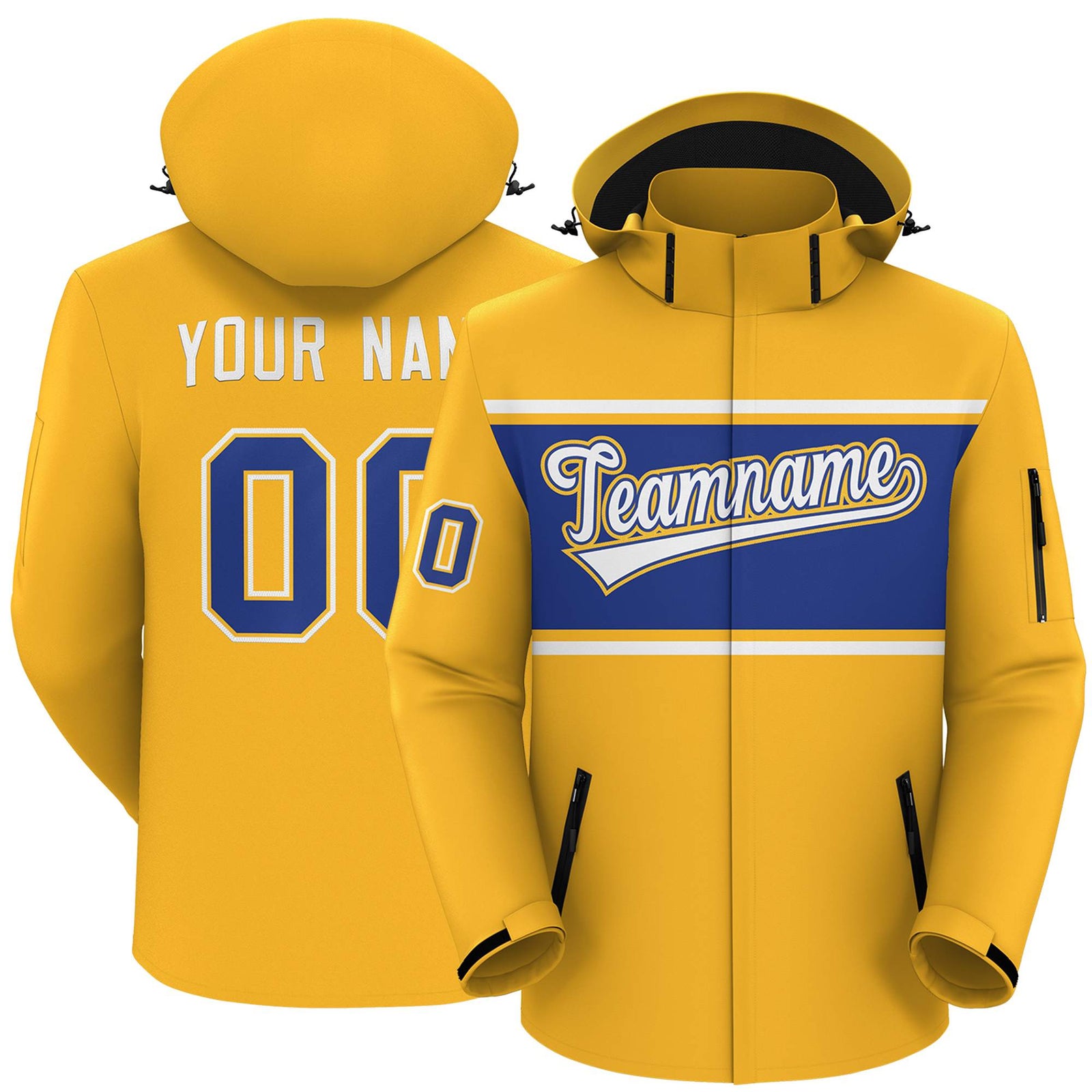 Custom Gold White-Royal Color Block Personalized Outdoor Hooded Waterproof Jacket