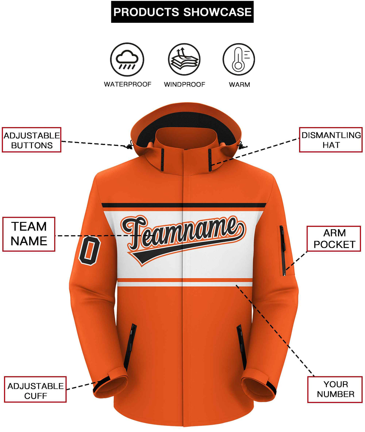 Custom Orange Black-White Color Block Personalized Outdoor Hooded Waterproof Jacket