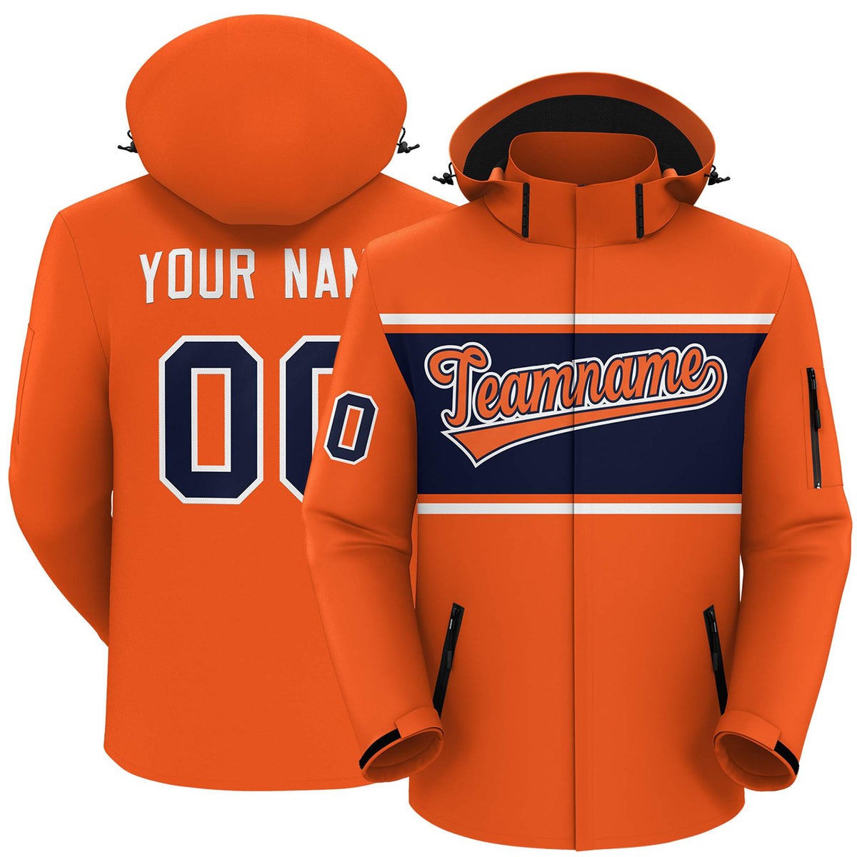 Custom Orange White-Navy Color Block Personalized Outdoor Hooded Waterproof Jacket
