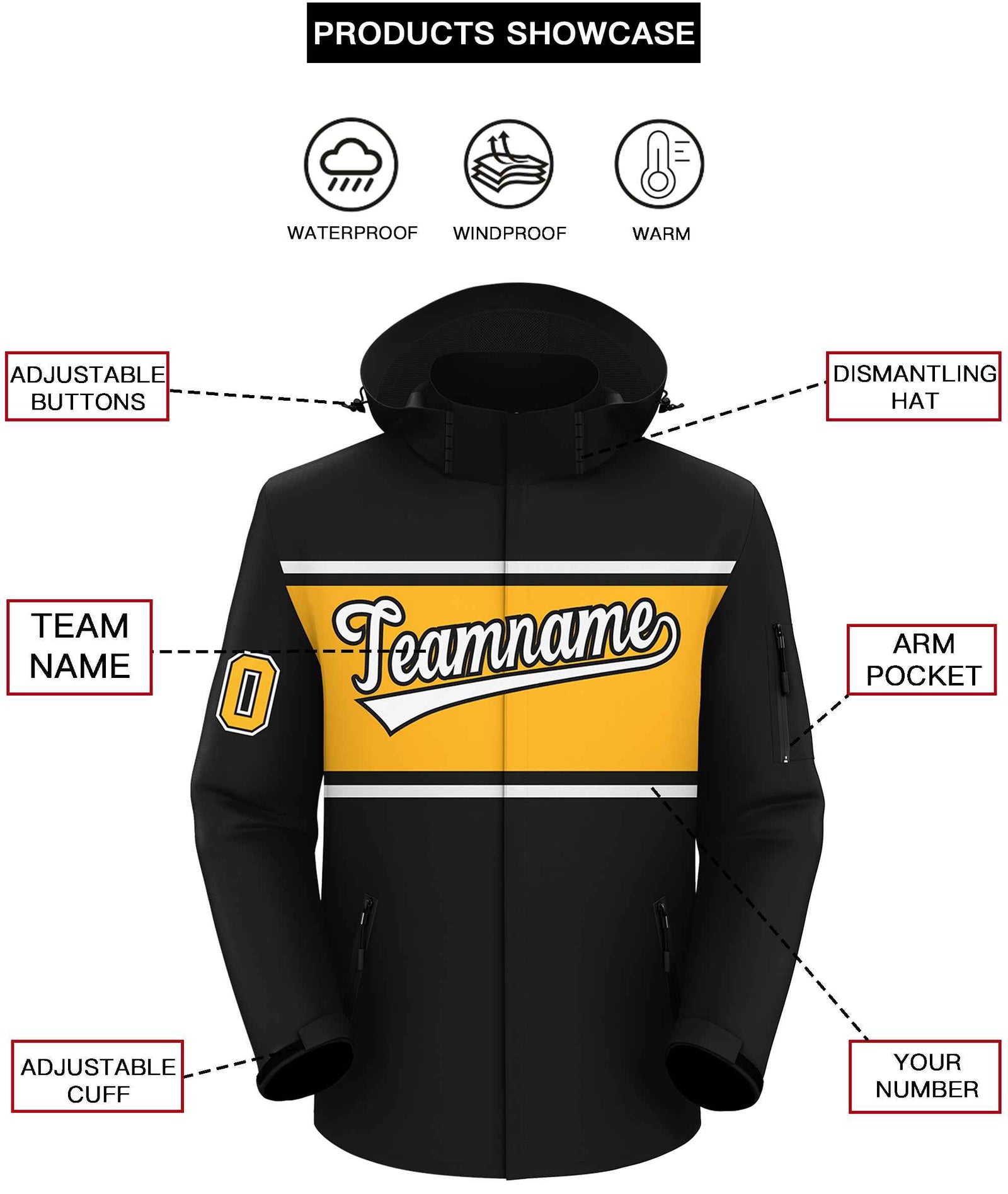 Custom Black White-Gold Color Block Personalized Outdoor Hooded Waterproof Jacket