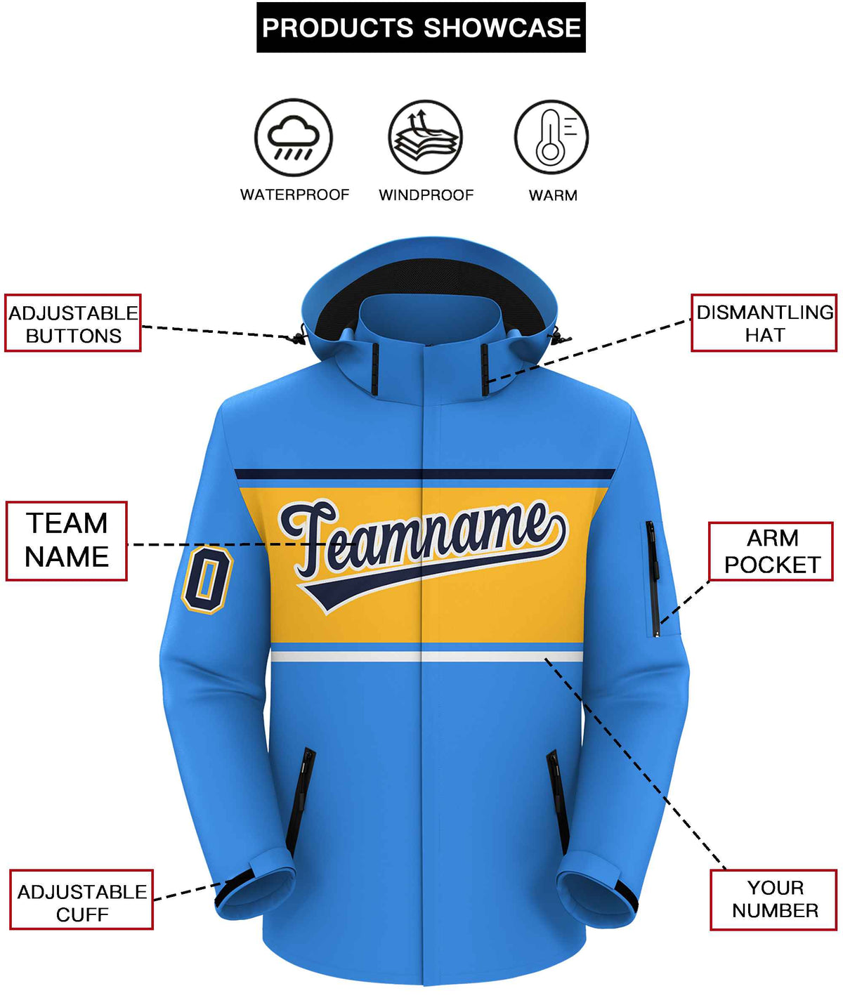 Custom Powder Blue Navy-Gold Color Block Personalized Outdoor Hooded Waterproof Jacket