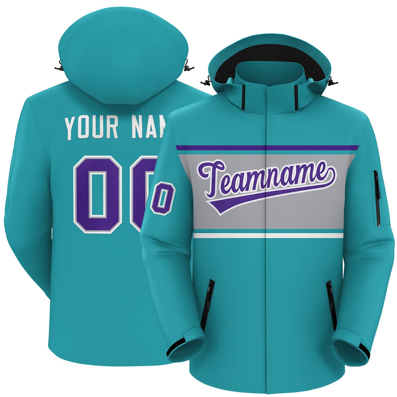 Custom Aqua Purple-Gray Color Block Personalized Outdoor Hooded Waterproof Jacket