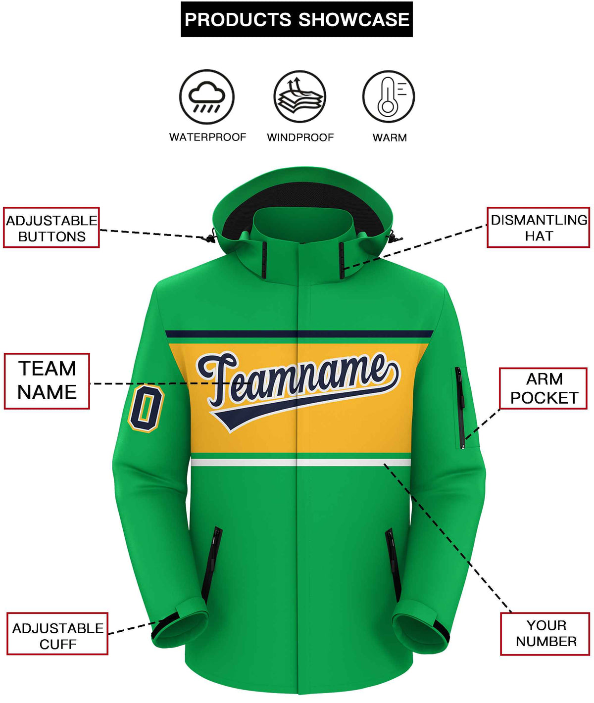 Custom Kelly Green Navy-Gold Color Block Personalized Outdoor Hooded Waterproof Jacket