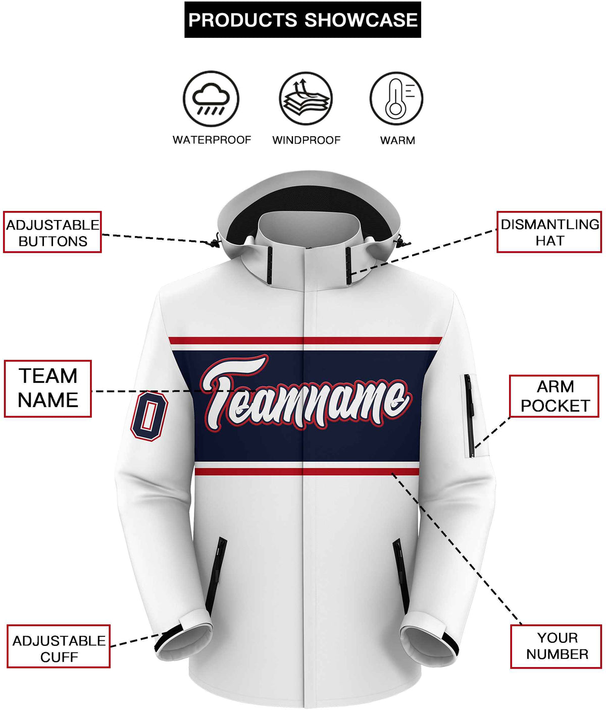 Custom White Red-Navy Color Block Personalized Outdoor Hooded Waterproof Jacket