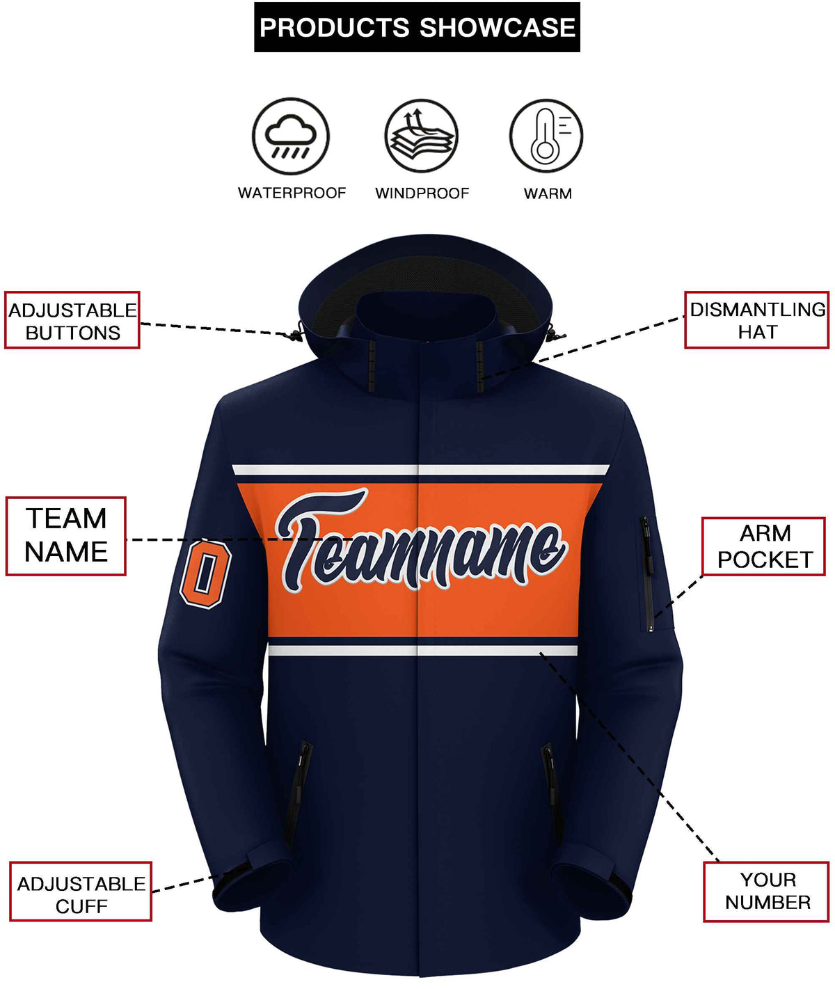 Custom Navy White-Orange Color Block Personalized Outdoor Hooded Waterproof Jacket