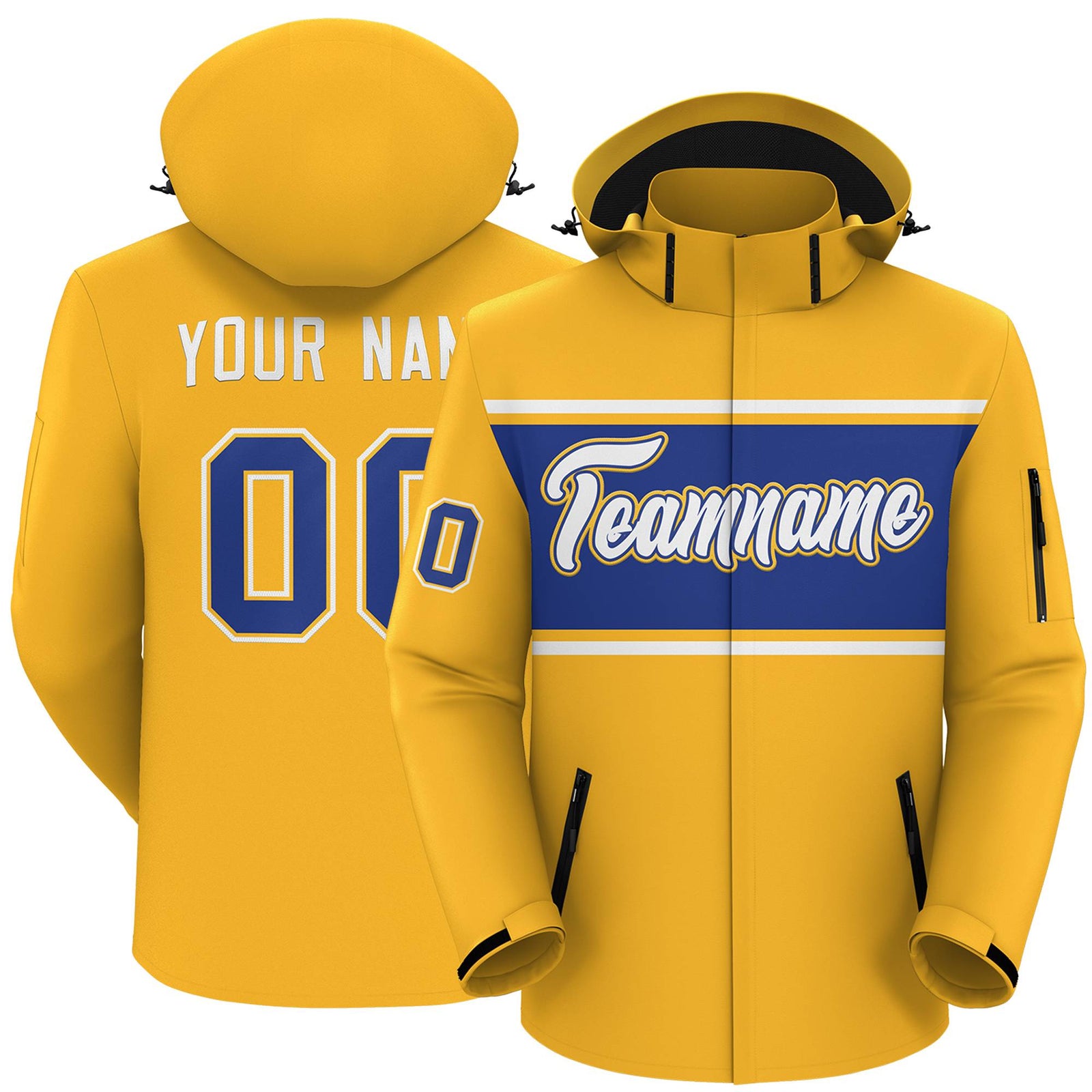 Custom Gold White-Royal Color Block Personalized Outdoor Hooded Waterproof Jacket