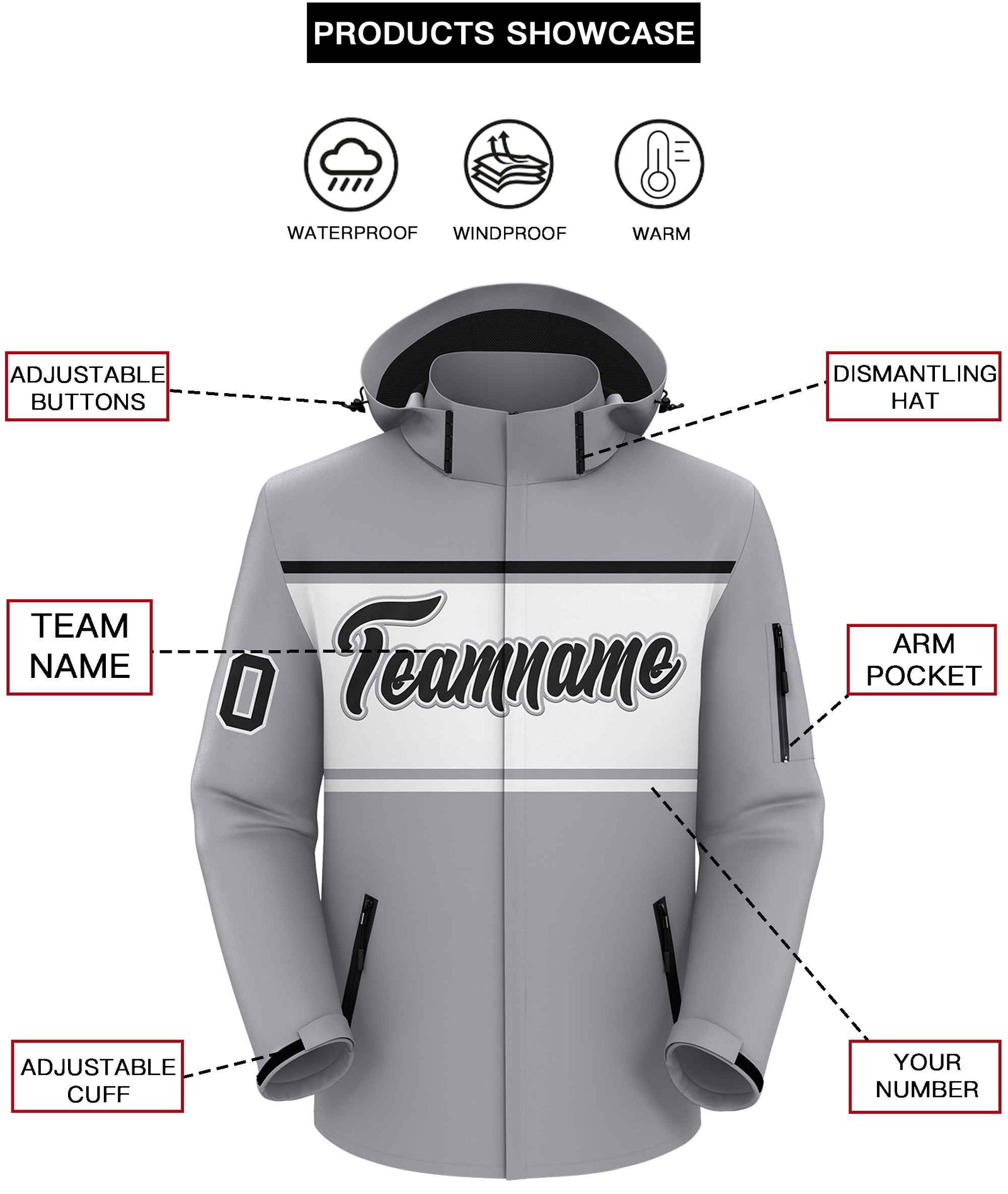 Custom Gray Black-White Color Block Personalized Outdoor Hooded Waterproof Jacket