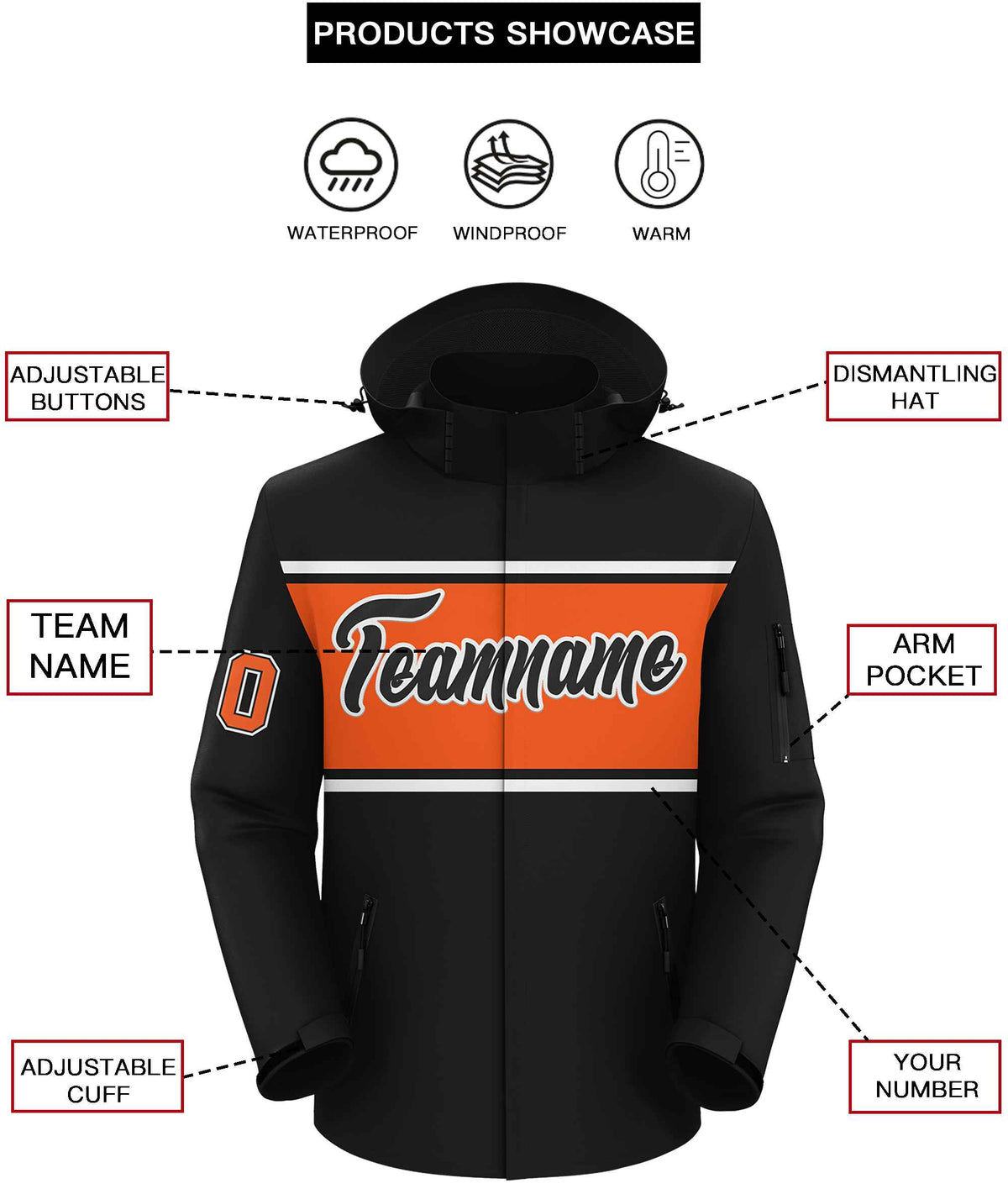Custom Black White-Orange Color Block Personalized Outdoor Hooded Waterproof Jacket