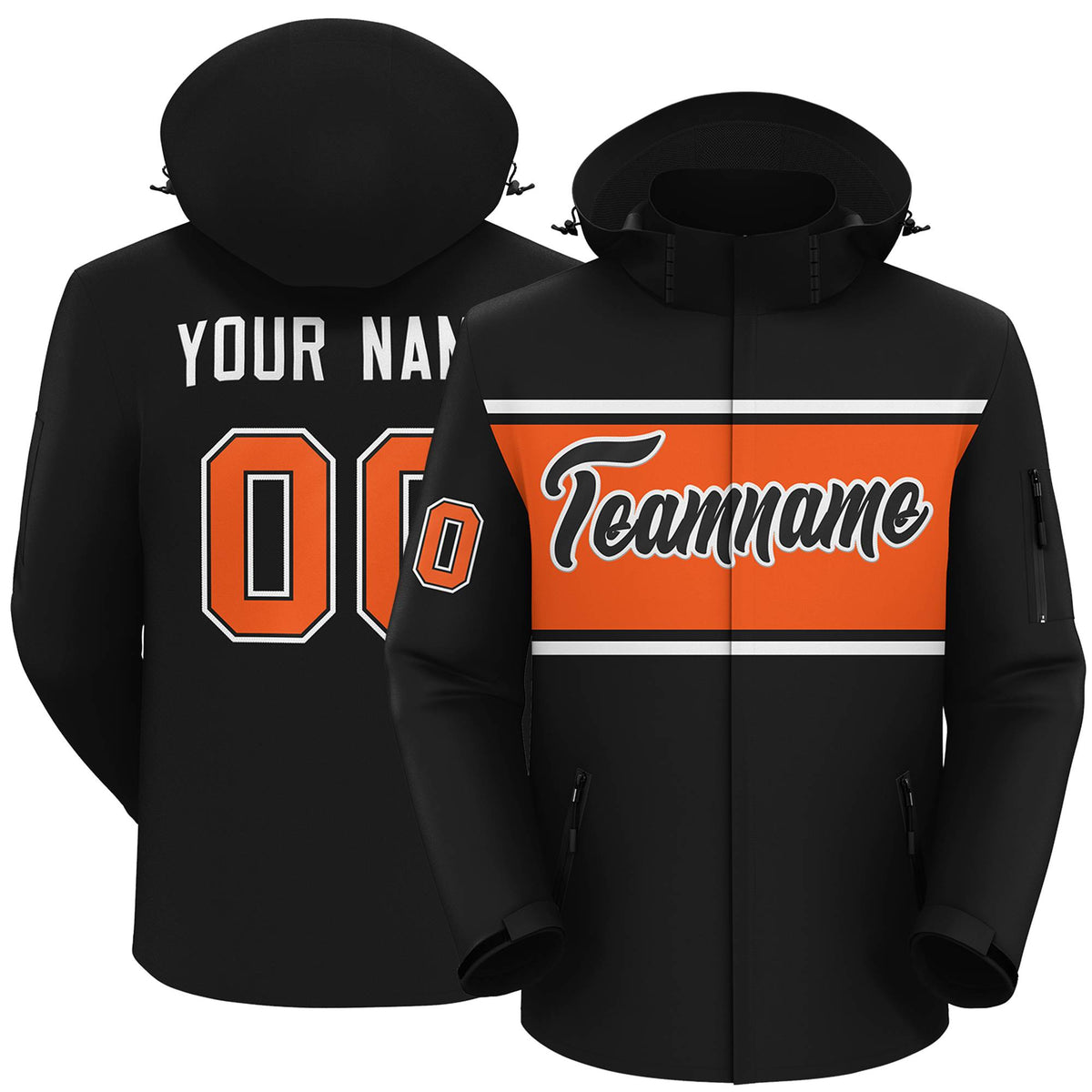 Custom Black White-Orange Color Block Personalized Outdoor Hooded Waterproof Jacket