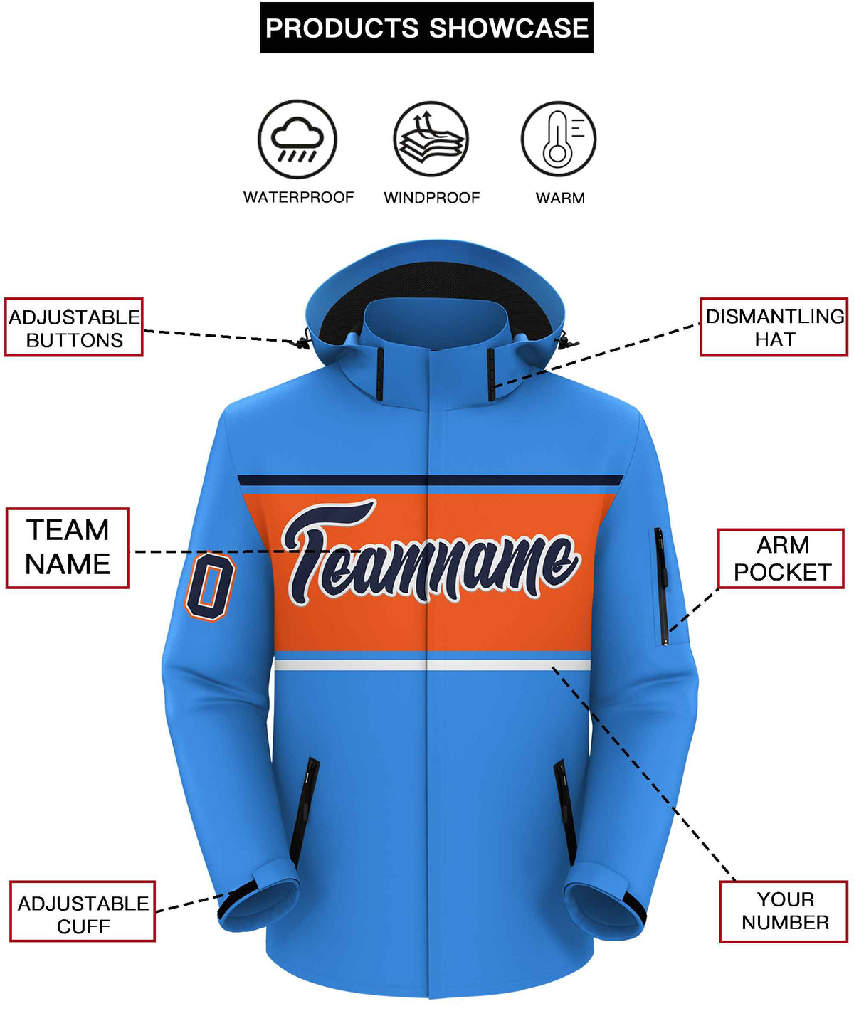 Custom Powder Blue Navy-Orange Color Block Personalized Outdoor Hooded Waterproof Jacket