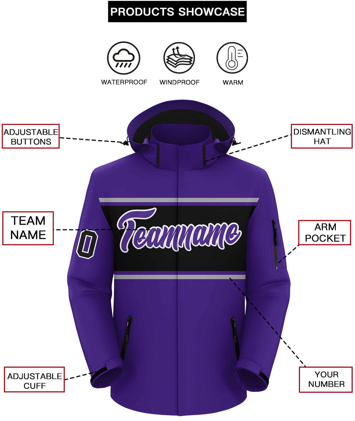Custom Purple Gray-Black Color Block Personalized Outdoor Hooded Waterproof Jacket