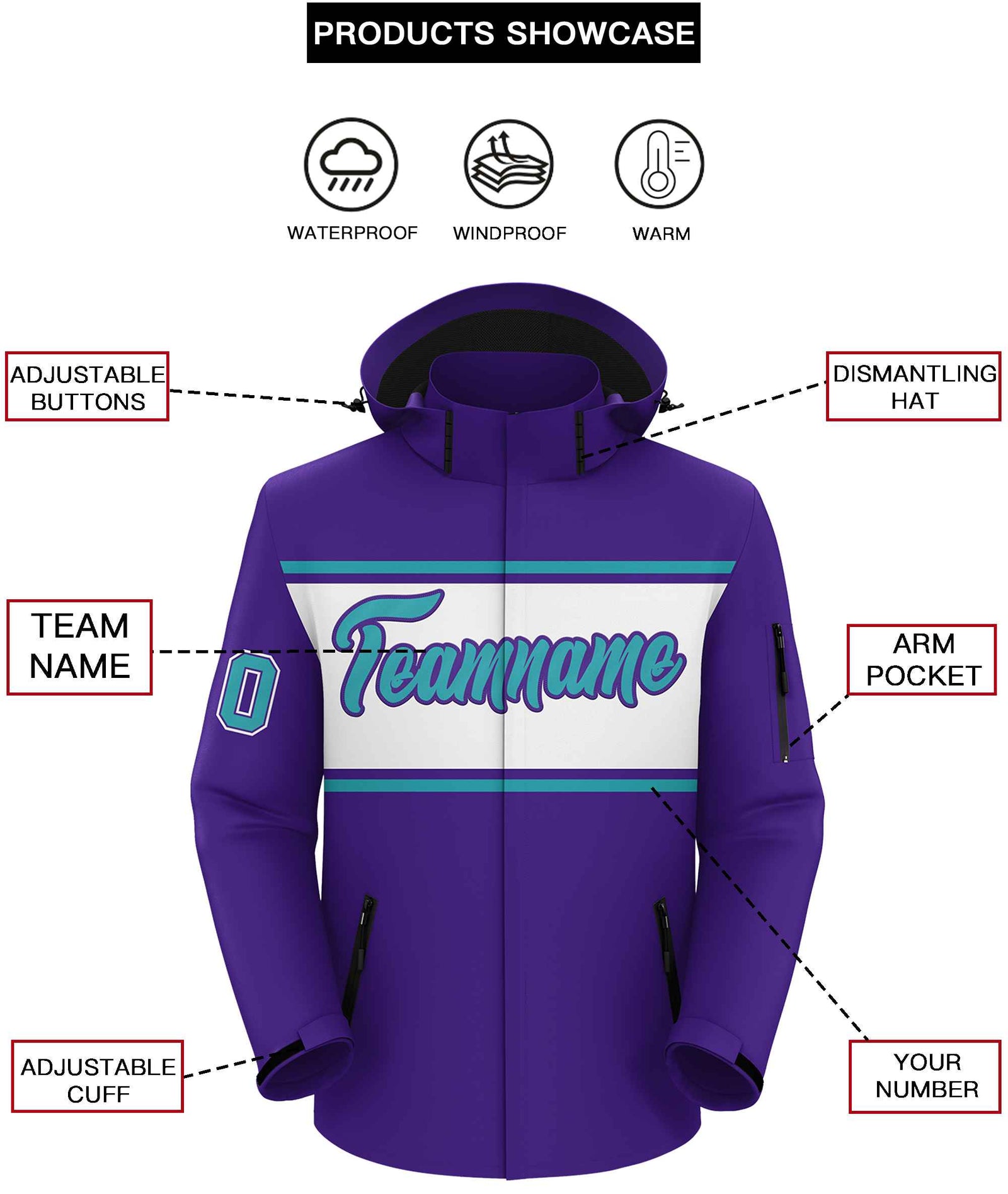 Custom Purple Aqua-White Color Block Personalized Outdoor Hooded Waterproof Jacket