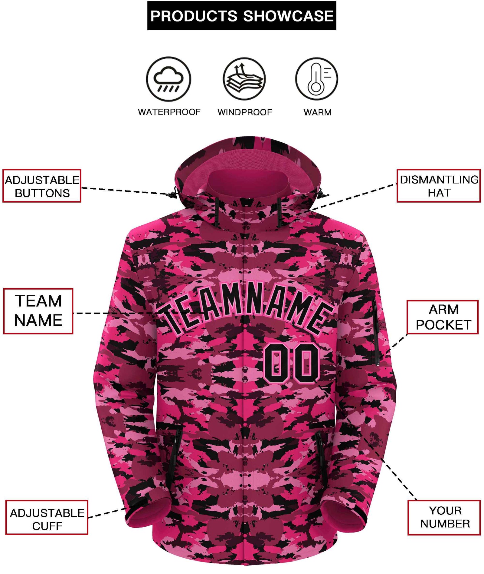Custom Black Pink Camo Outdoor Windbreaker Personalized Waterproof Jacket