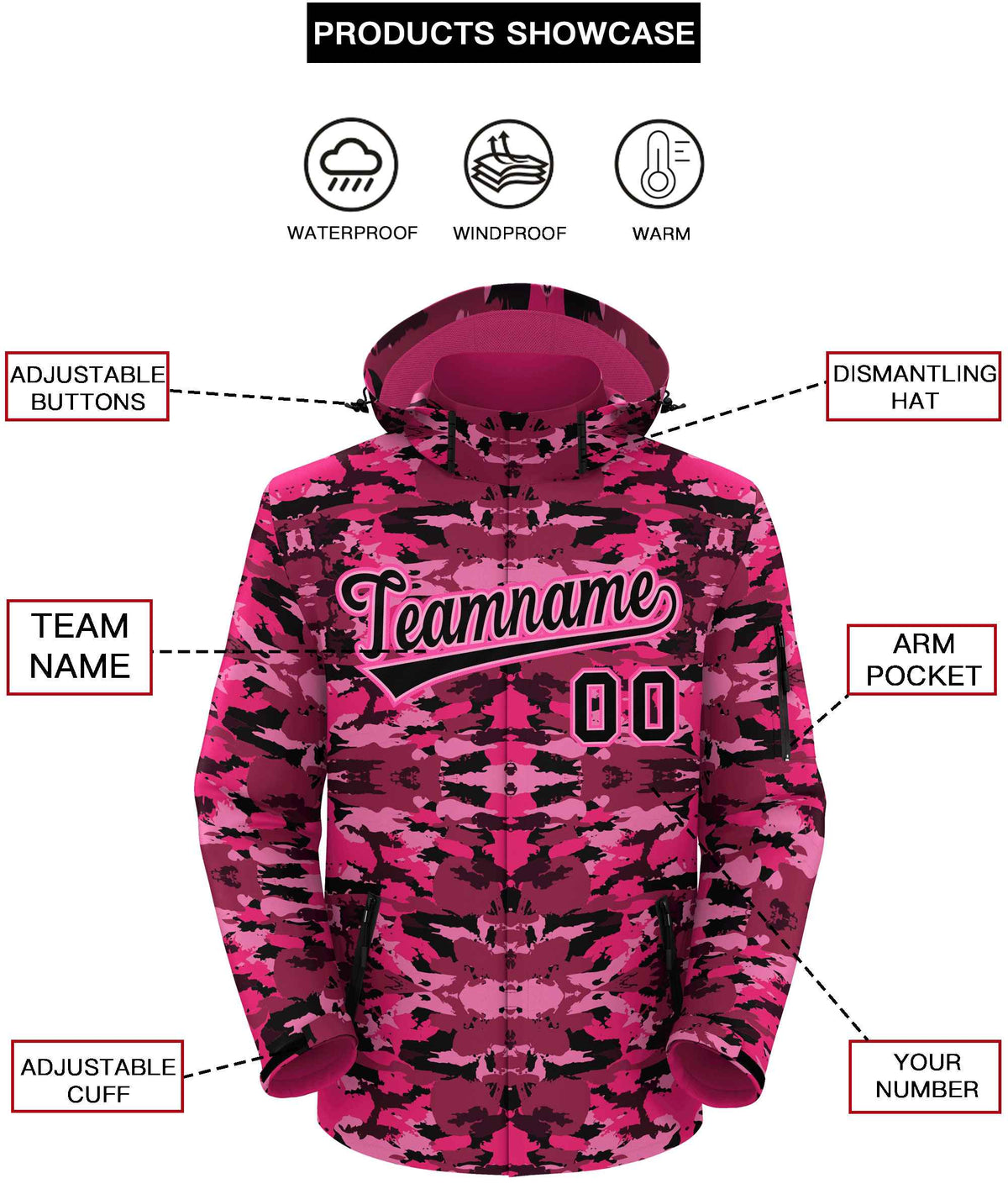 Custom Black Pink Camo Outdoor Windbreaker Personalized Waterproof Jacket
