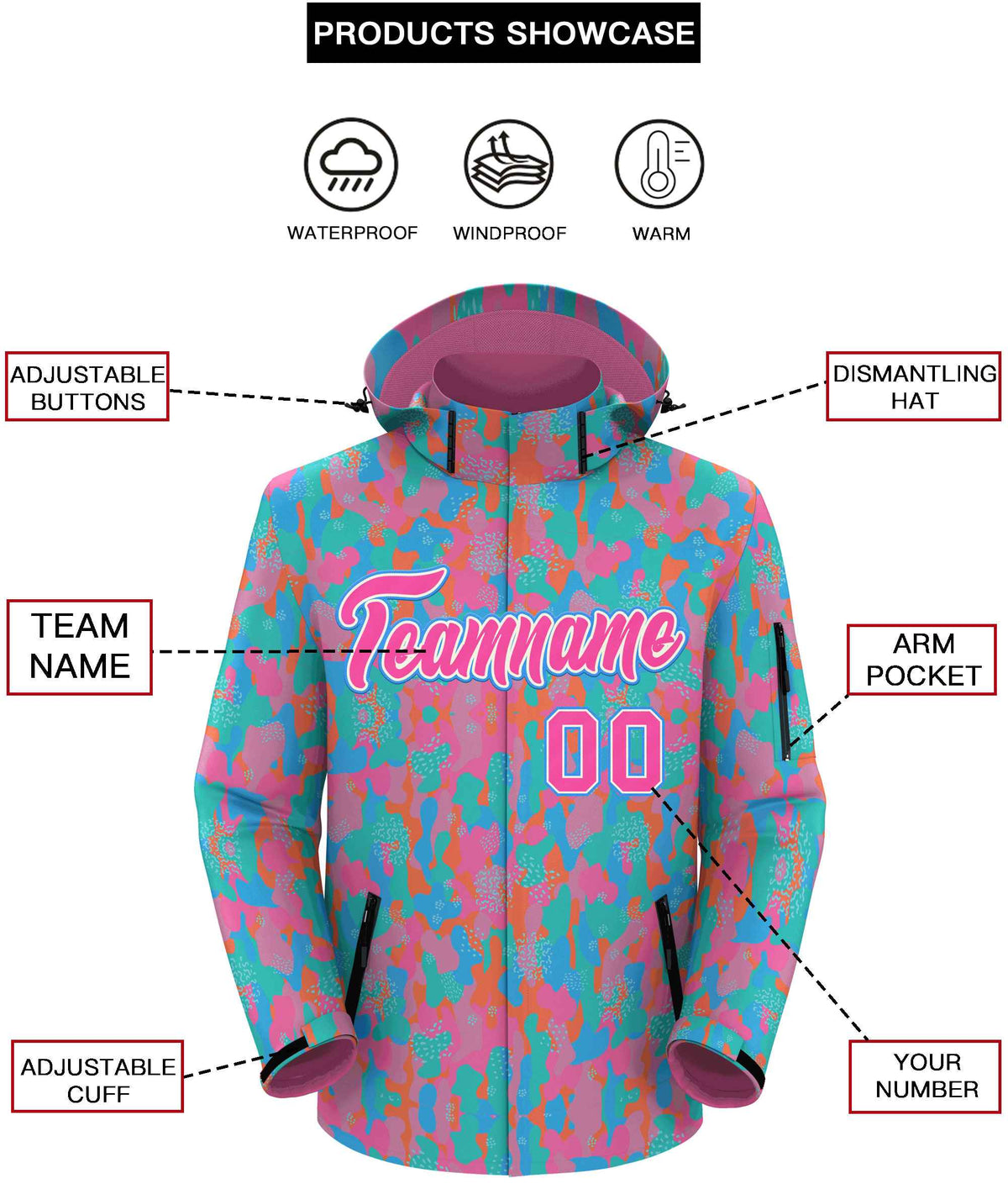 Custom Pink Cream-Powder Blue Camo Outdoor Windbreaker Personalized Waterproof Jacket