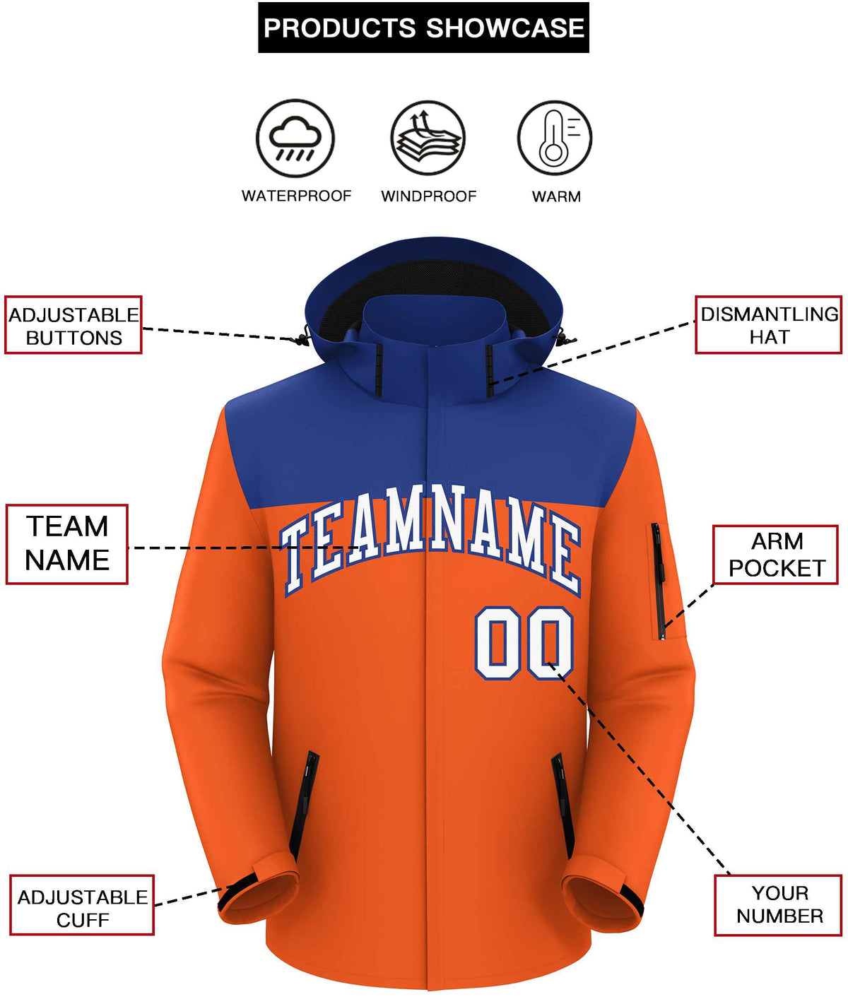 Custom Royal Orange-White Two Tone Waterproof Jacket