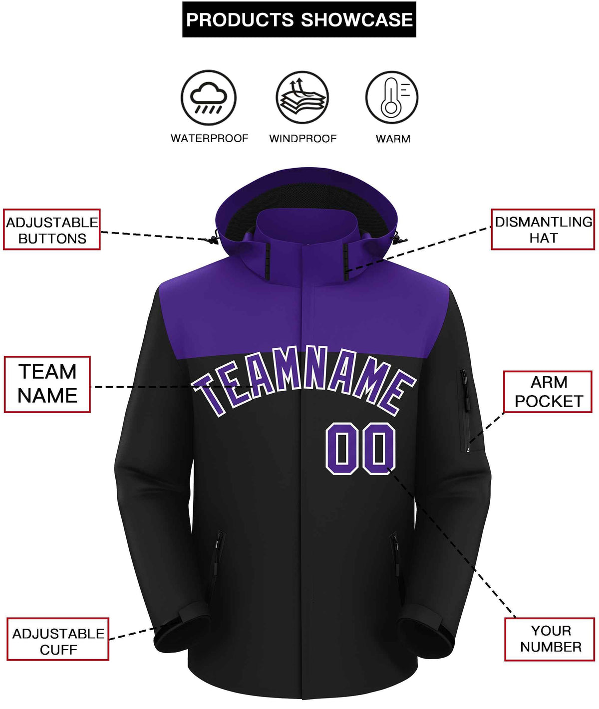 Custom Purple Black-White Two Tone Waterproof Jacket