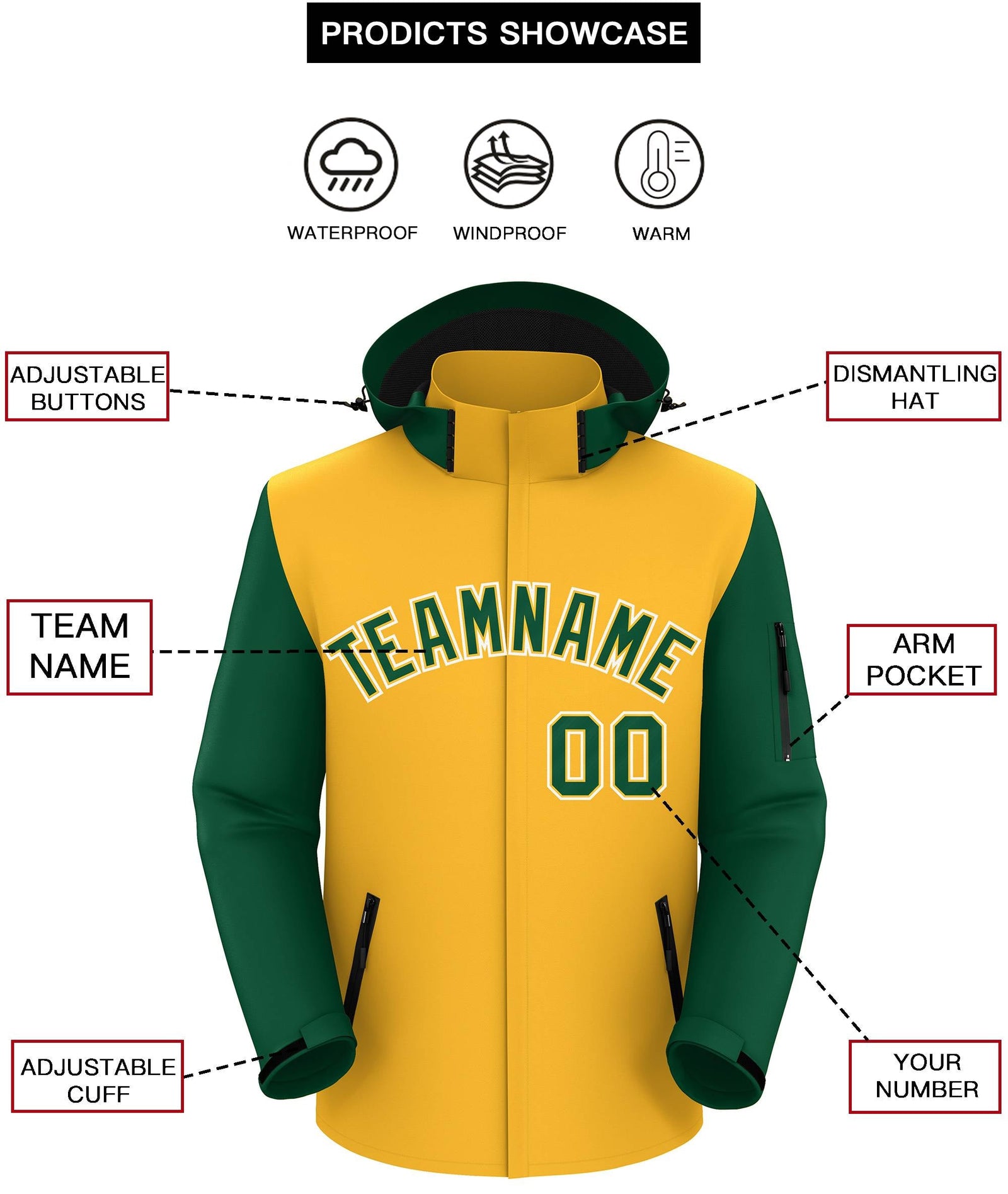 Custom Gold Green-White Raglan Sleeves Waterproof Jacket