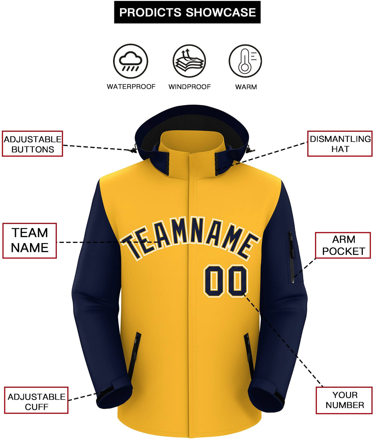 Custom Gold Navy-White Raglan Sleeves Waterproof Jacket