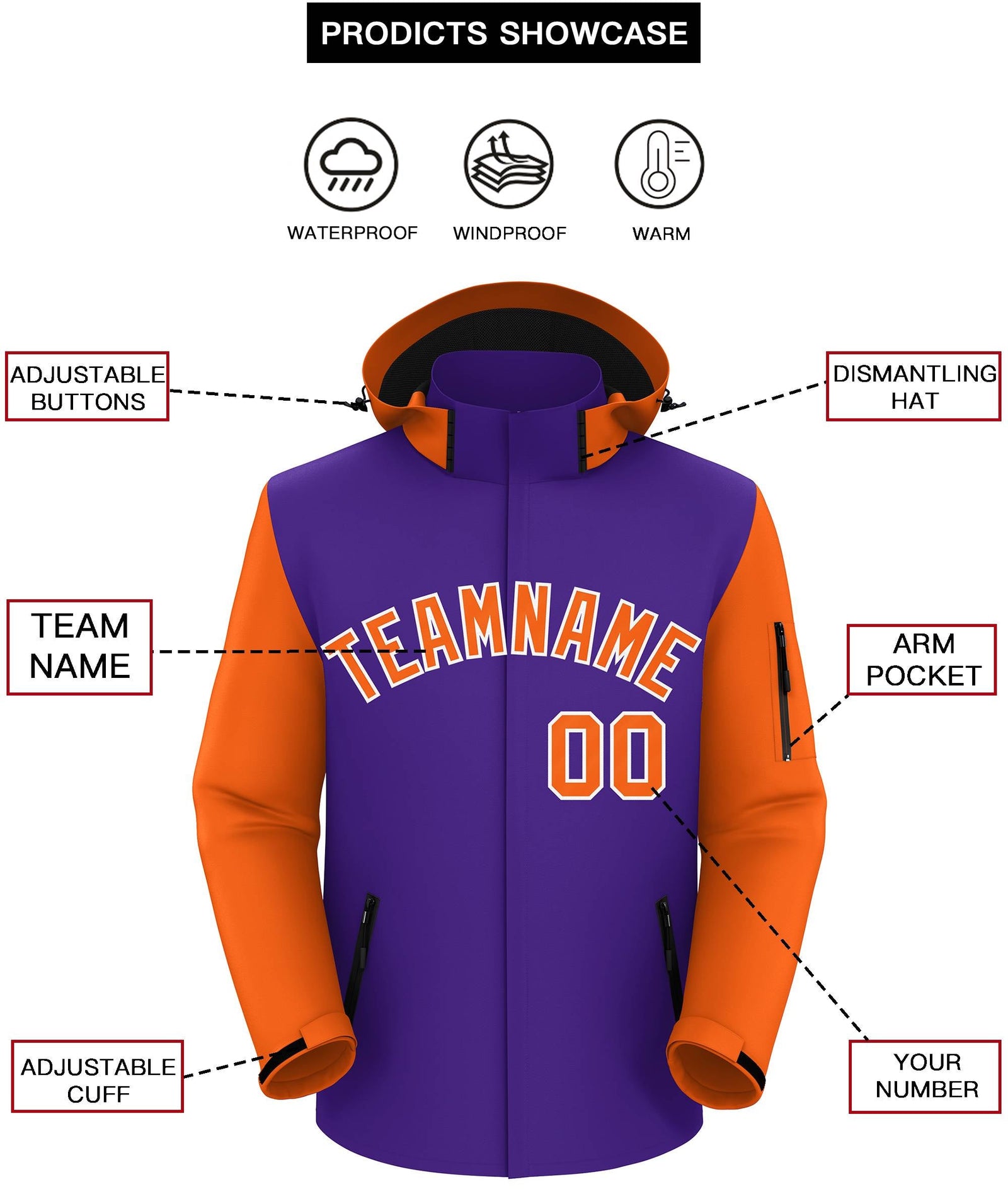 Custom Purple Orange-White Raglan Sleeves Waterproof Jacket