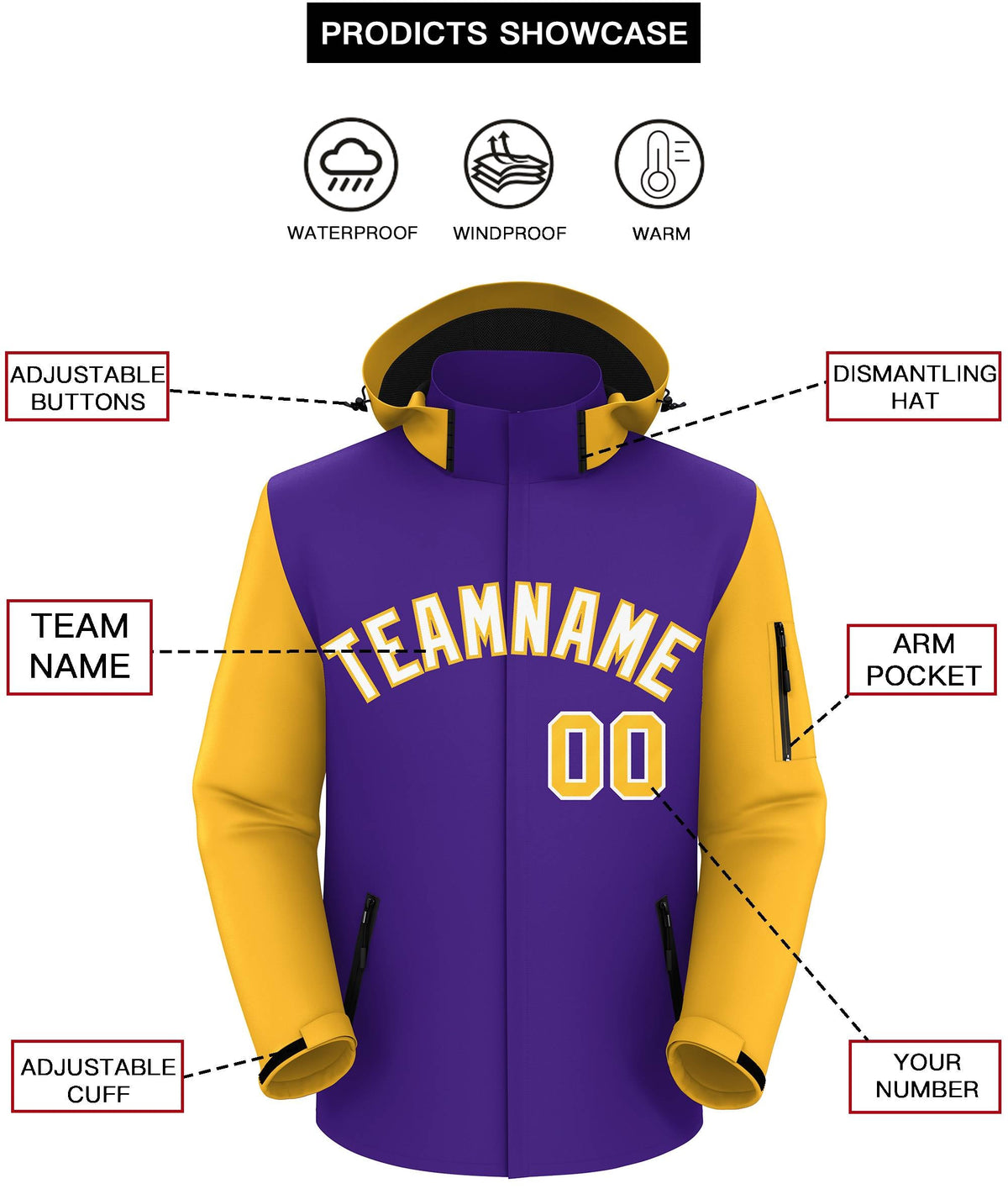 Custom Purple Gold-White Raglan Sleeves Waterproof Jacket
