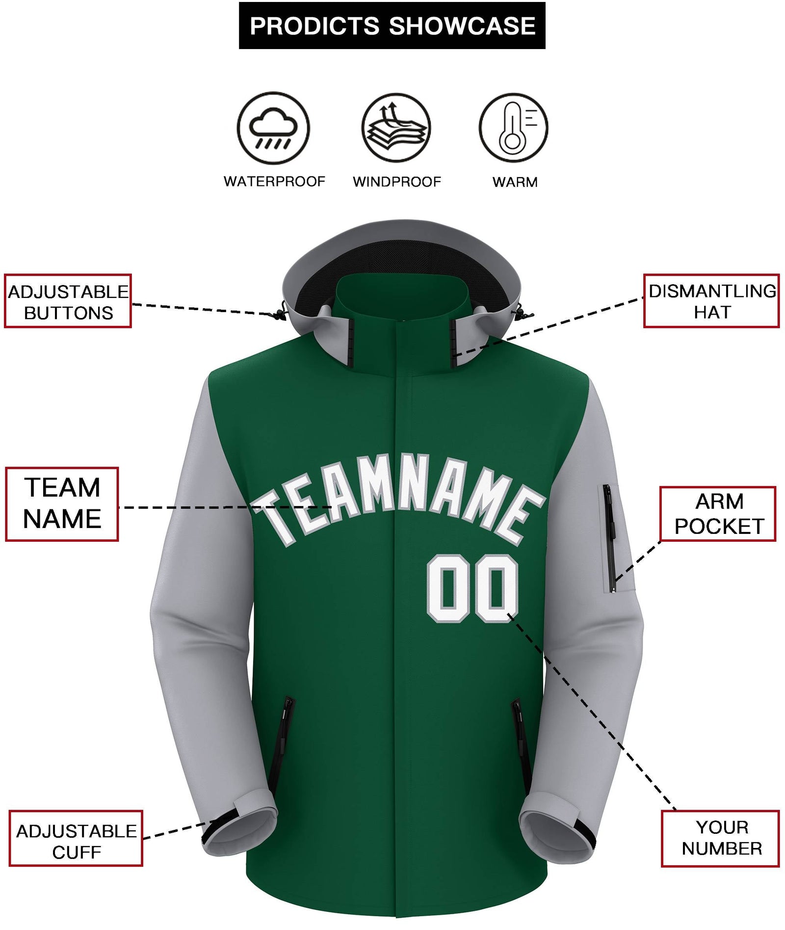 Custom Green Gray-White Raglan Sleeves Waterproof Jacket