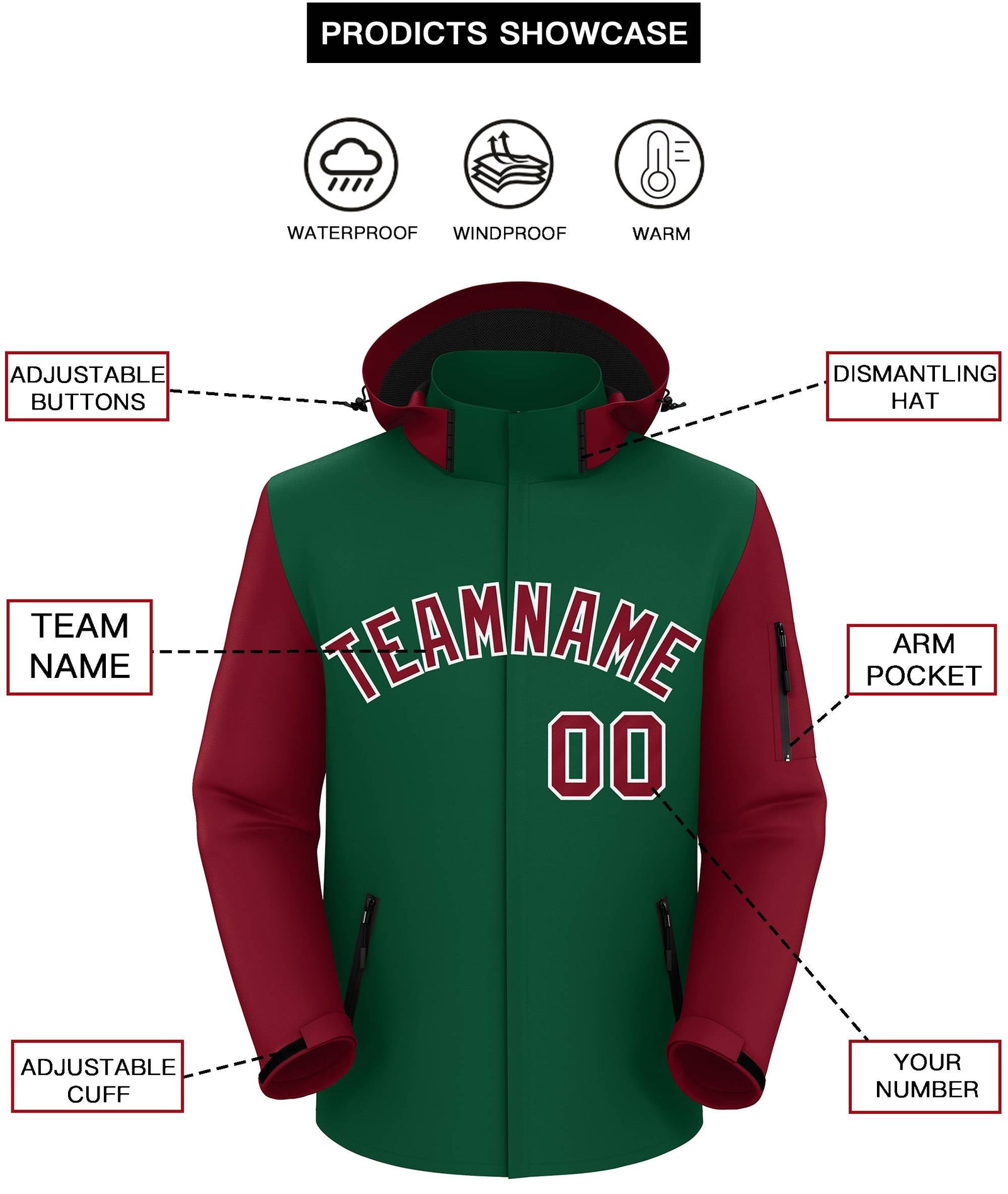 Custom Green Crimson-White Raglan Sleeves Waterproof Jacket