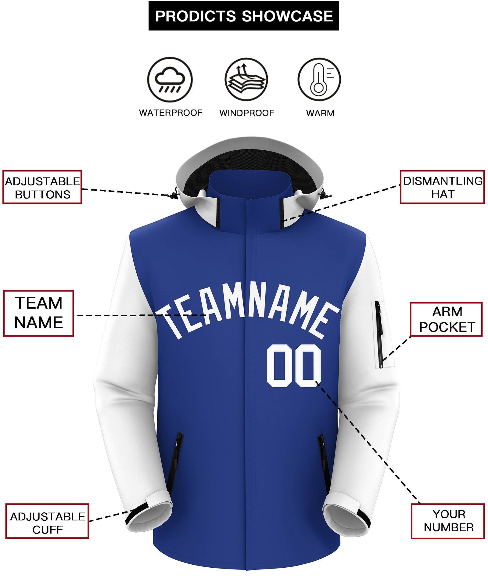 Custom Royal White Raglan Sleeves Waterproof Jacket