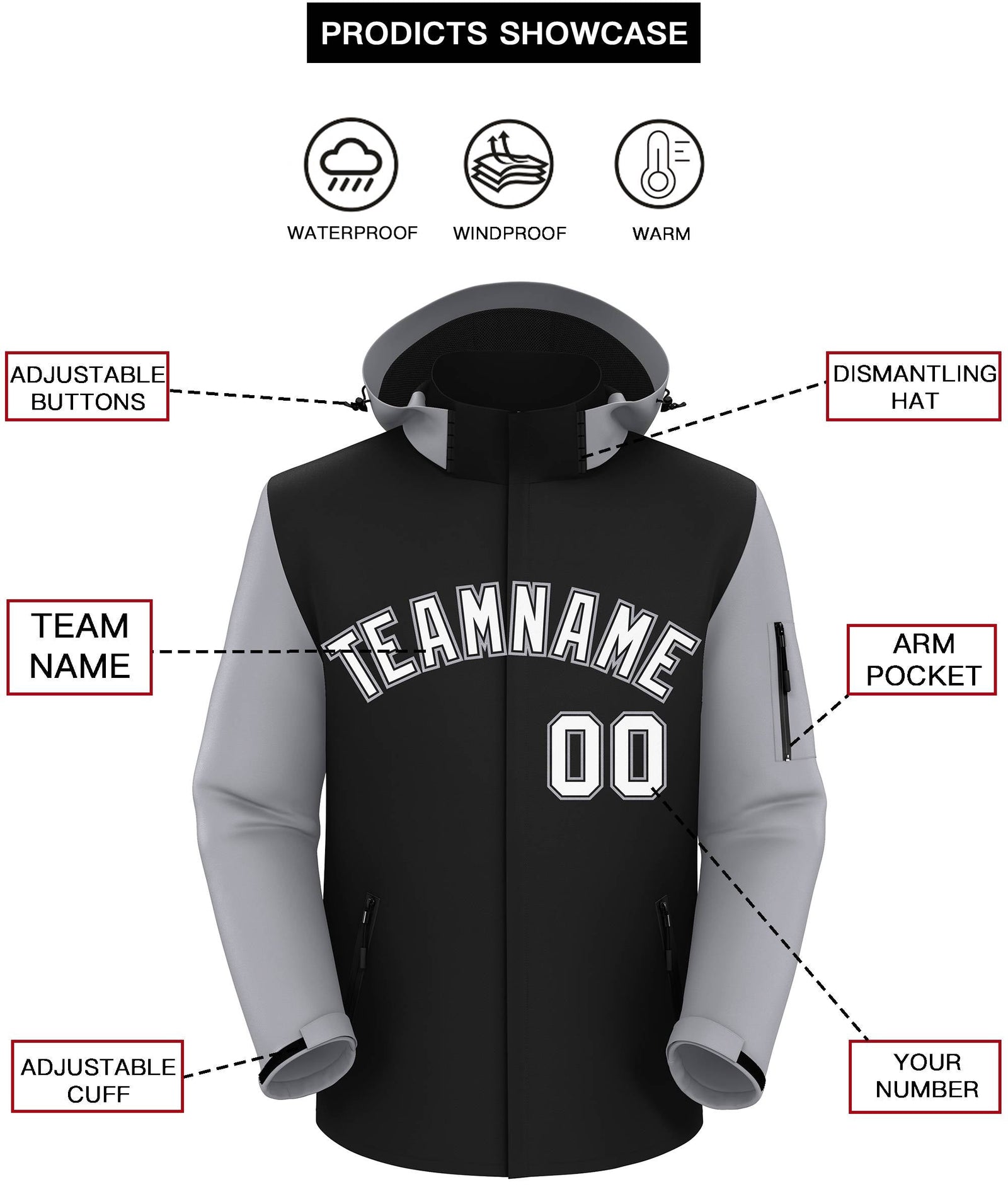 Custom Black Gray-White Raglan Sleeves Waterproof Jacket