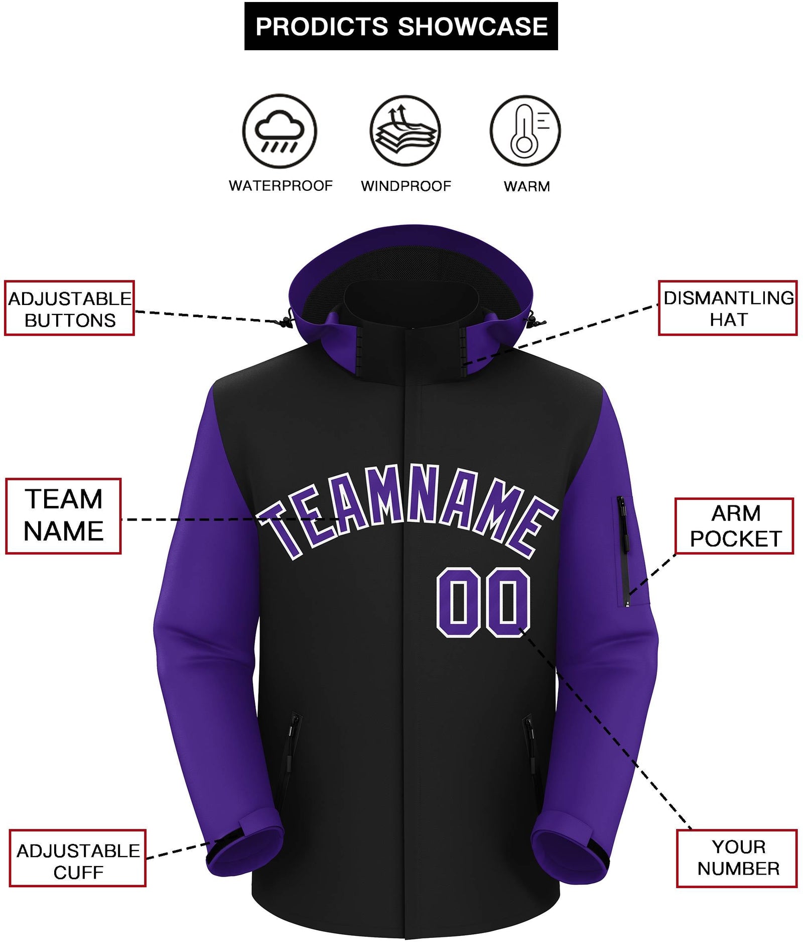 Custom Black Purple-White Raglan Sleeves Waterproof Jacket