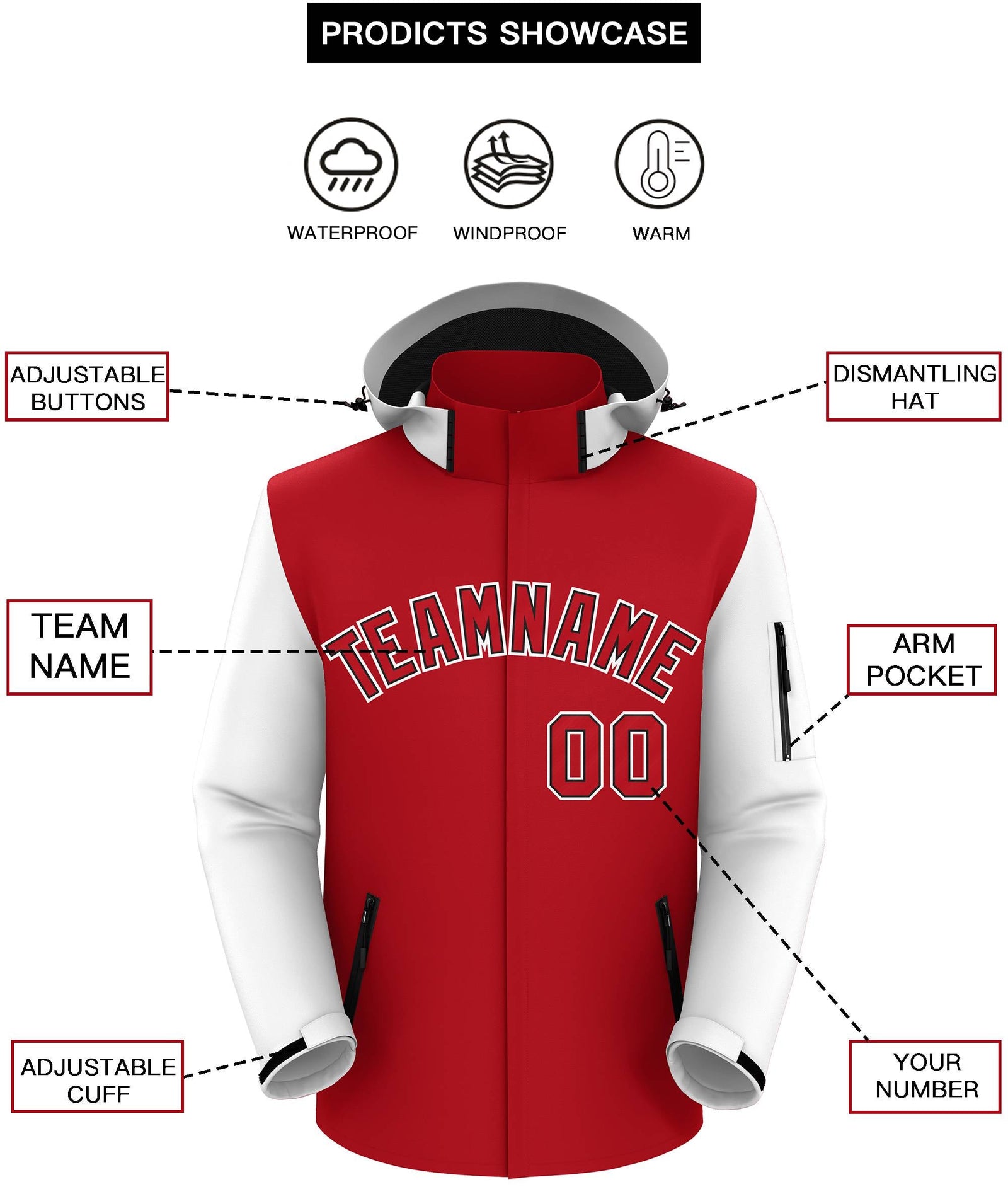 Custom Red White-Black Raglan Sleeves Waterproof Jacket