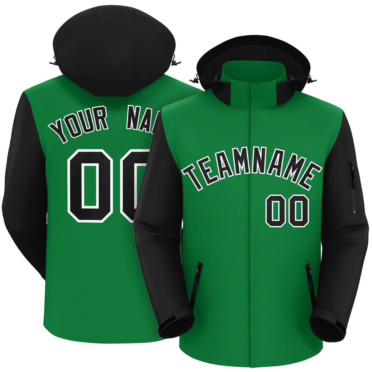Custom Kelly Green Black-White Raglan Sleeves Waterproof Jacket