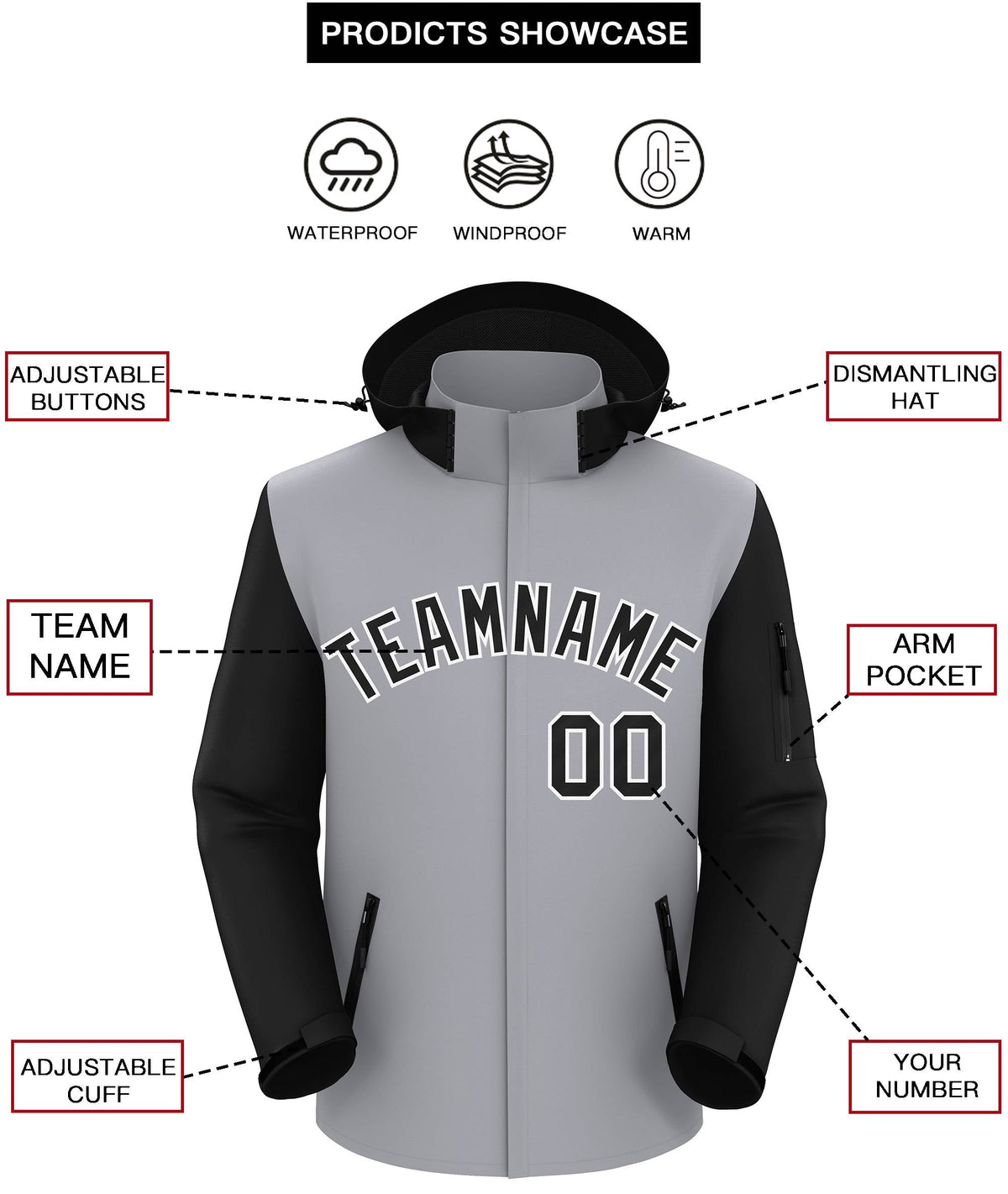 Custom Gray Black-White Raglan Sleeves Waterproof Jacket