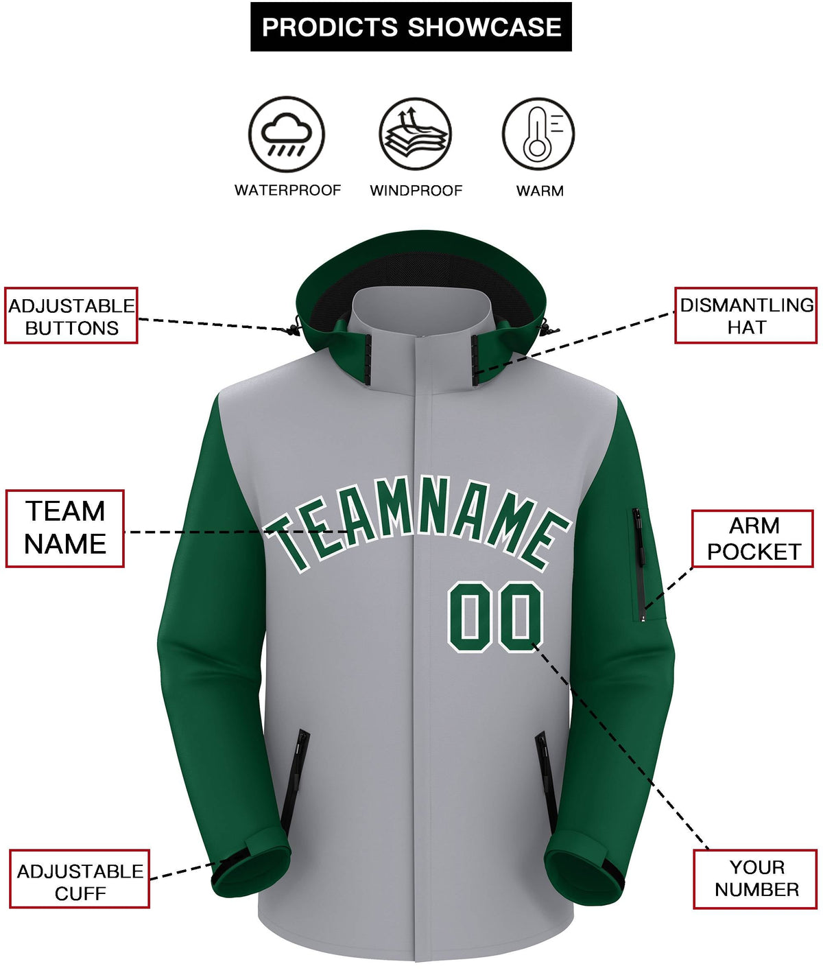 Custom Gray Green-White Raglan Sleeves Waterproof Jacket