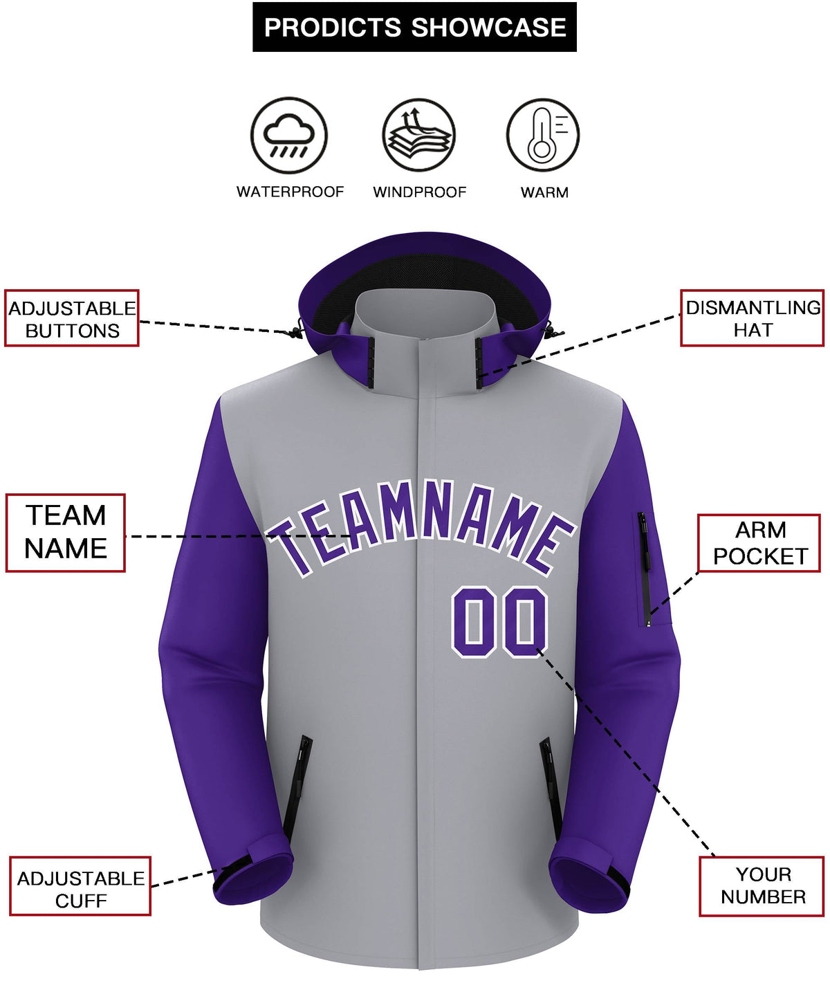 Custom Gray Purple-White Raglan Sleeves Waterproof Jacket