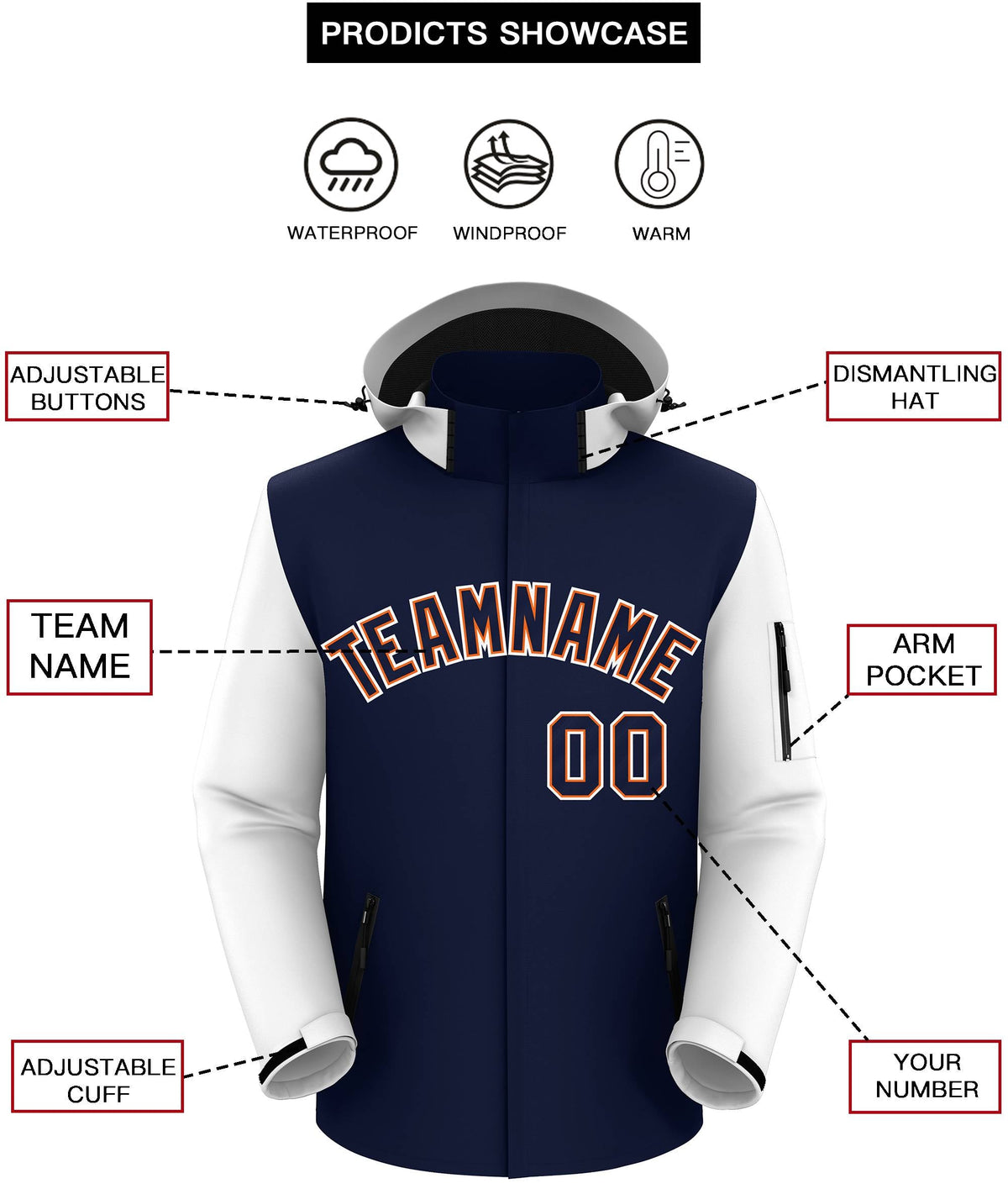 Custom Navy White-Orange Raglan Sleeves Waterproof Jacket