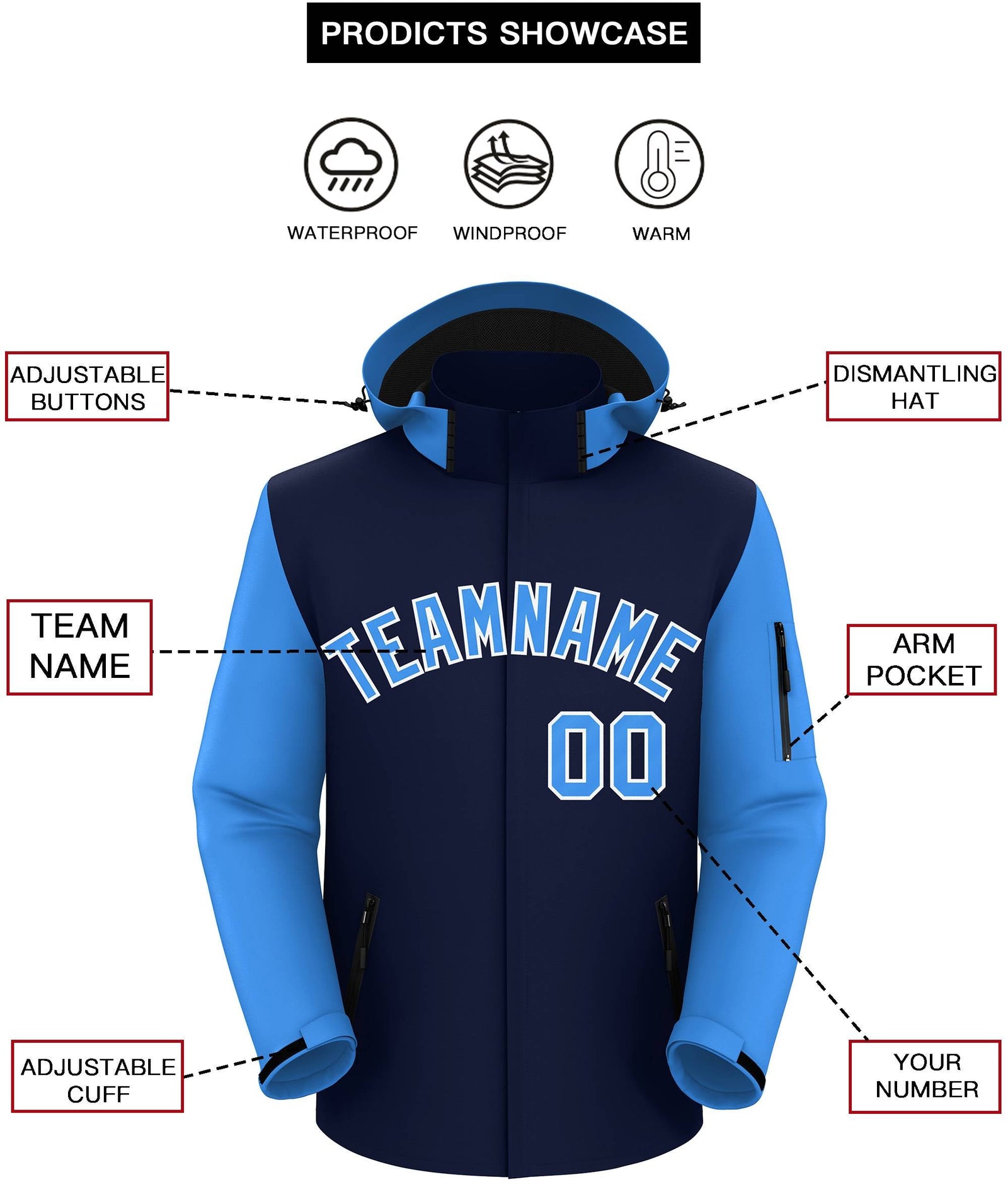 Custom Navy Powder Blue-White Raglan Sleeves Waterproof Jacket