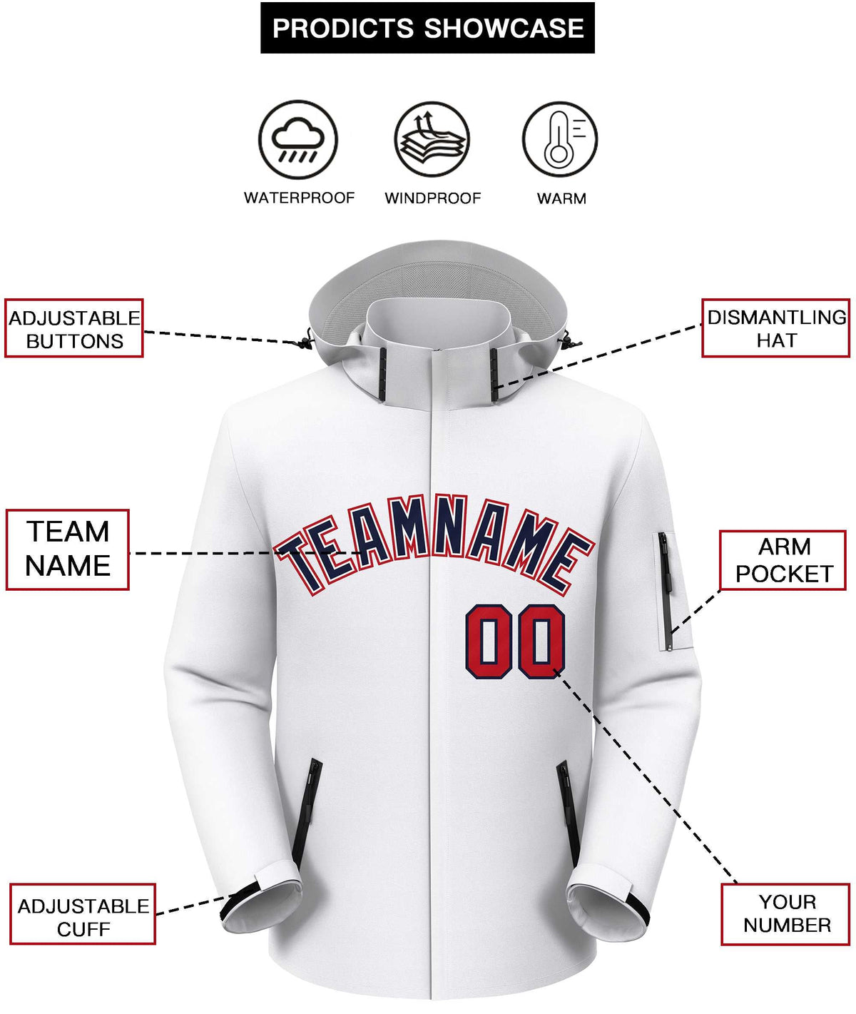 Custom White Navy-Red Classic Style Waterproof Jacket